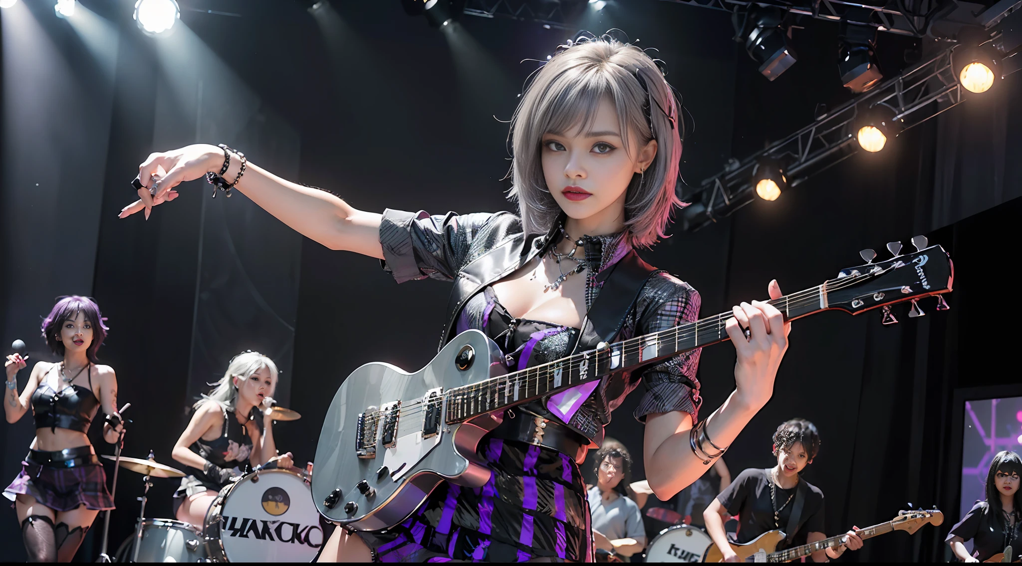 Circular image, (Masterpiece: 1.3), (Best Quality: 1.2), (Masterpiece), High Quality, High Definition, (Five Persons: 1.4), (Round Image)), ((Fisheye)), [(Metallic Silver Background: 1.1): 5], [(Rock Band Stage with 5 Girls Cuddling: 1): 5], Girl Rock Band, (((vocals, electric guitar, drums: 1.2)), cute, floating, flashy, [(punk rocker outfit, revealing clothes:1.2): 5], {{{Five persons}}}}, ((good anatomy: 1.2)), ((black)) short bob hair (purple and (silver)), black pantyhose, (seductive smile), (random pose), watch the viewer, fluffy miniskirt, (((plaid:1.2)), ((just cute)), perfect body, perfect number of legs, perfect fingers, punk accessories