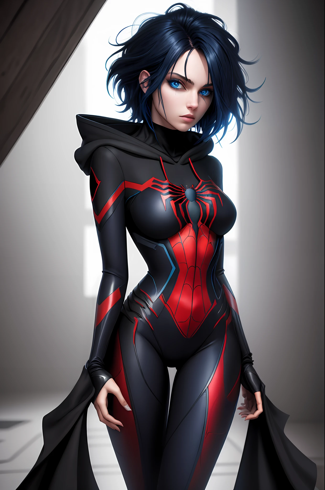 (((Masterpiece))), best quality, ultra-detailed CG unity 8k wallpaper, (1person:1.3), woman, black emo scene hair, blue eyes, hoodie, black and blue full body spider man suit