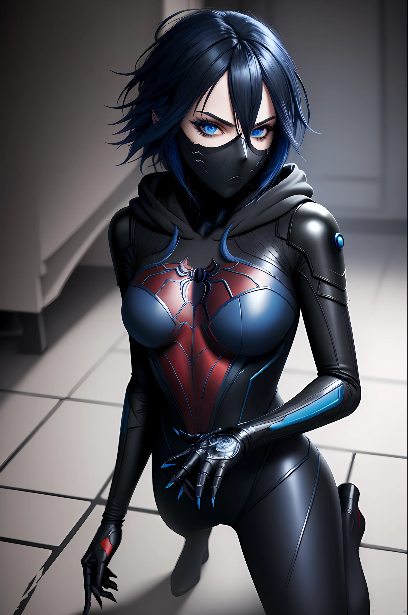 (((Masterpiece))), best quality, ultra-detailed CG unity 8k wallpaper, (1person:1.3), woman, black emo scene hair, blue eyes, hoodie, black and blue full body masked spider man suit