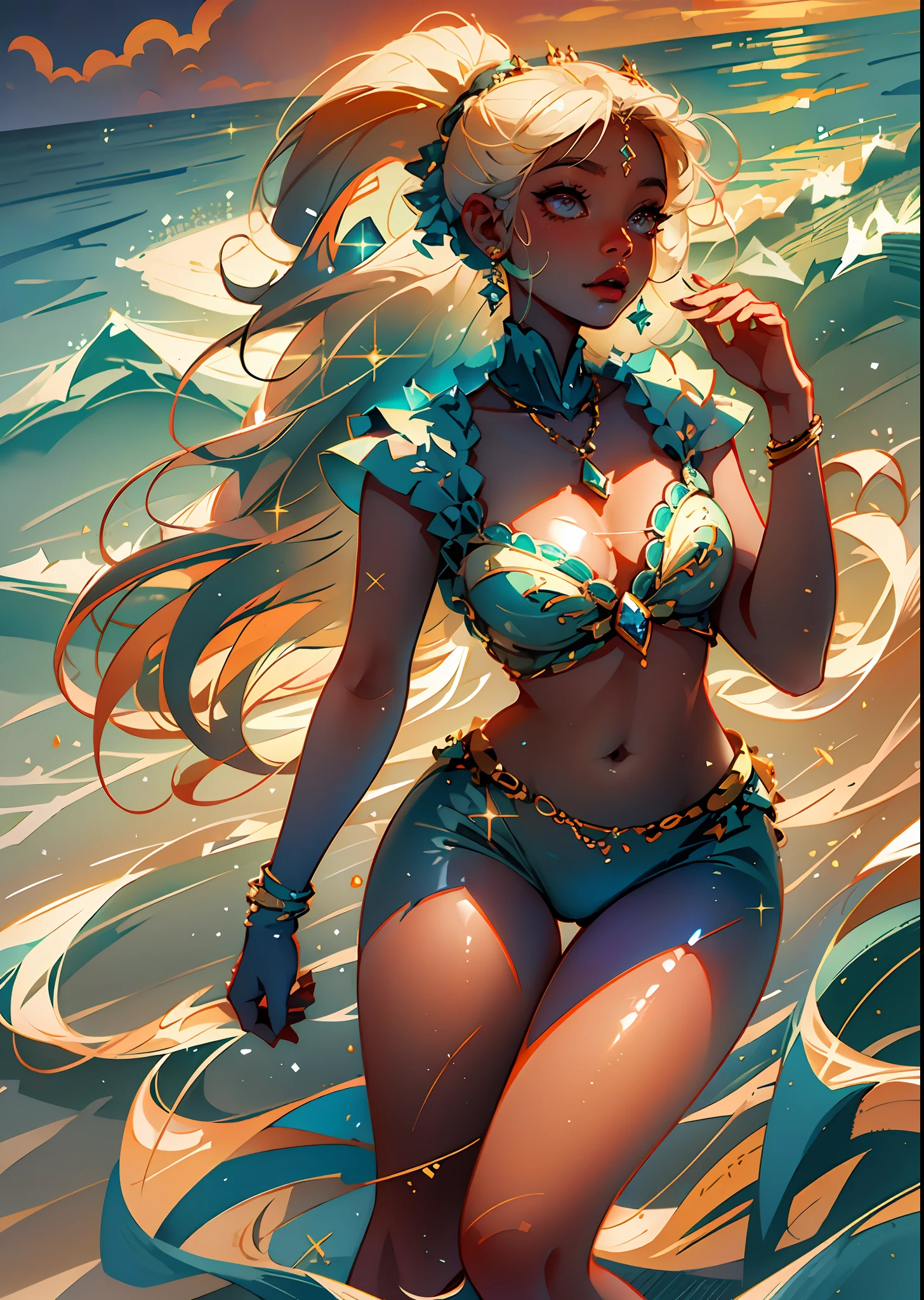 self lit stunning beauty girl standing on the beach, the soft sand beneath her feet, the sparkling waves gently lapping at her ankles. Her long golden hair dances in the breeze, radiant face with a natural glow, The sun sets behind her, casting a warm orange hue across the sky and highlighting her flawless complexion. Her eyes twinkle with joy as she takes in the breathtaking view, radiating an effortless beauty