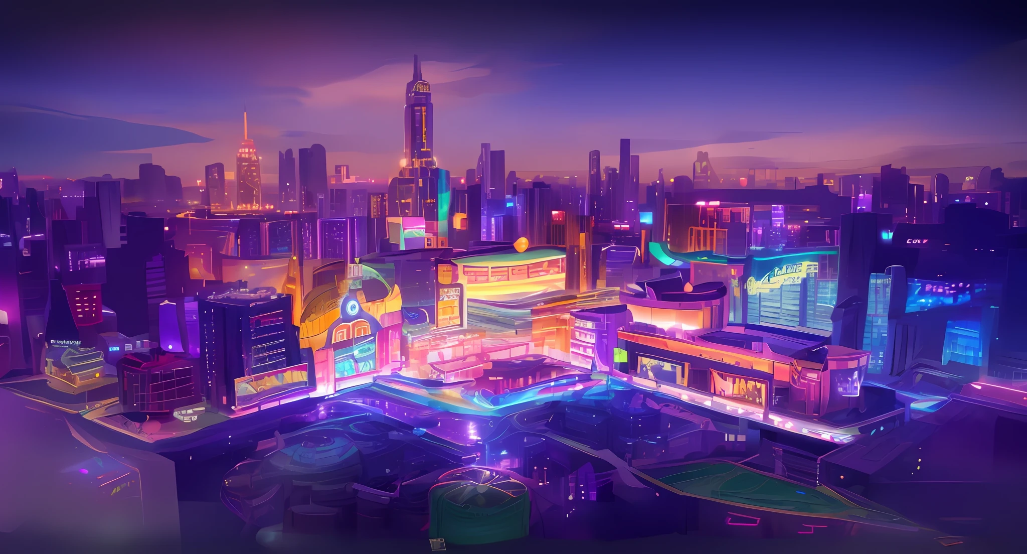 cartoon city scene, casino building, futuristic metropolis, neon signs, cityscape, gradient night sky, led screen on building, holographic display, skyline, skyscraper, macaron tones, masterpiece, best quality, illustration, 8K, UDH, luminosity