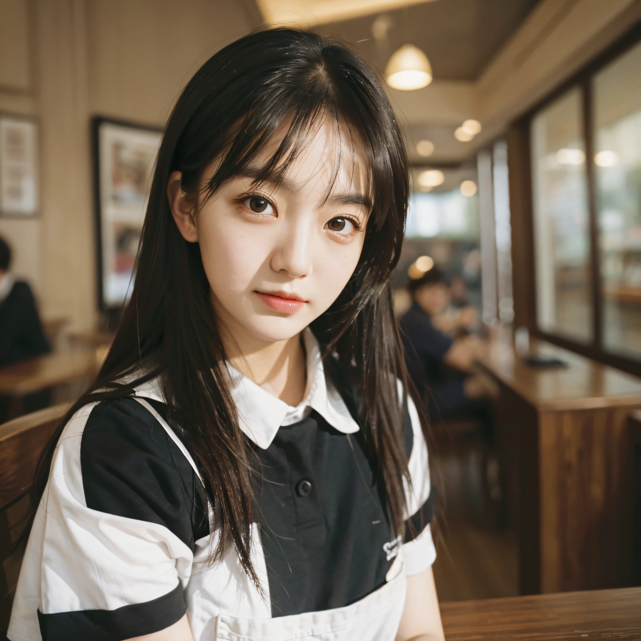 Best Quality, Masterpiece, Ultra High Resolution, (Realistic: 1.4), Original Photo, Head Photo, Skin, Simple Background, Black Eyes, Detail, Selfie, 1 Girl, Uniform, in a coffee shop, looking at the audience,