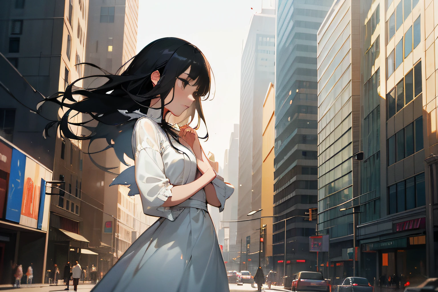 High-rise building, street, masterpiece, outstanding work, light and shadow effect, comic style, in the bustling street, a beautiful girl, black hair, white dress, standing alone on the street, helpless, tears on the face, hands folded, half body display, delicate face, intricate clothing details --auto --s2