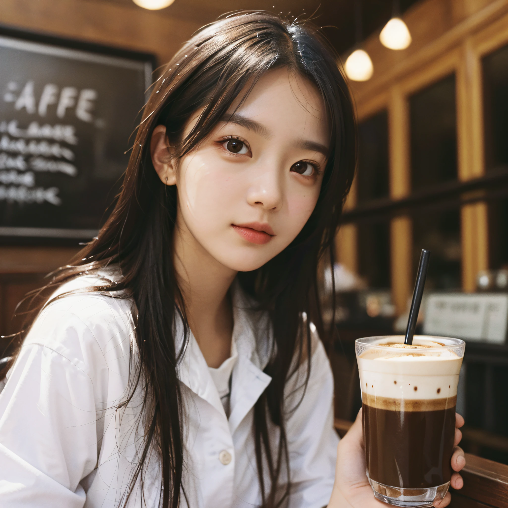 Best Quality, Masterpiece, Ultra High Resolution, (Realistic: 1.4), Original Photo, Head Photo, Skin, Simple Background, Black Eyes, Detail, Selfie, 1 Girl, Uniform, in a coffee shop, looking at the audience,