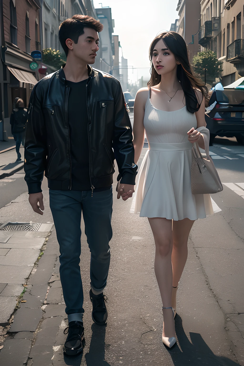 (A young couple walking hand in hand on the street: 1.4), ((Best Quality)), ((Masterpiece), (Details: 1.2), 3D, HDR (High Dynamic Range), Ray Tracing, NVIDIA RTX, Super-Resolution, Unreal 5, Subsurface Scattering, PBR Textures, Post Processing, Anisotropic Filtering, Depth of Field, Maximum Sharpness and Sharpness, Multi-layer Textures, Albedo and Highlight Maps, Surface Shading, Accurate simulation of light-material interactions, perfect proportions, Octane Render, two-color light, large aperture, low ISO, white balance, rule of thirds, 8K RAW,