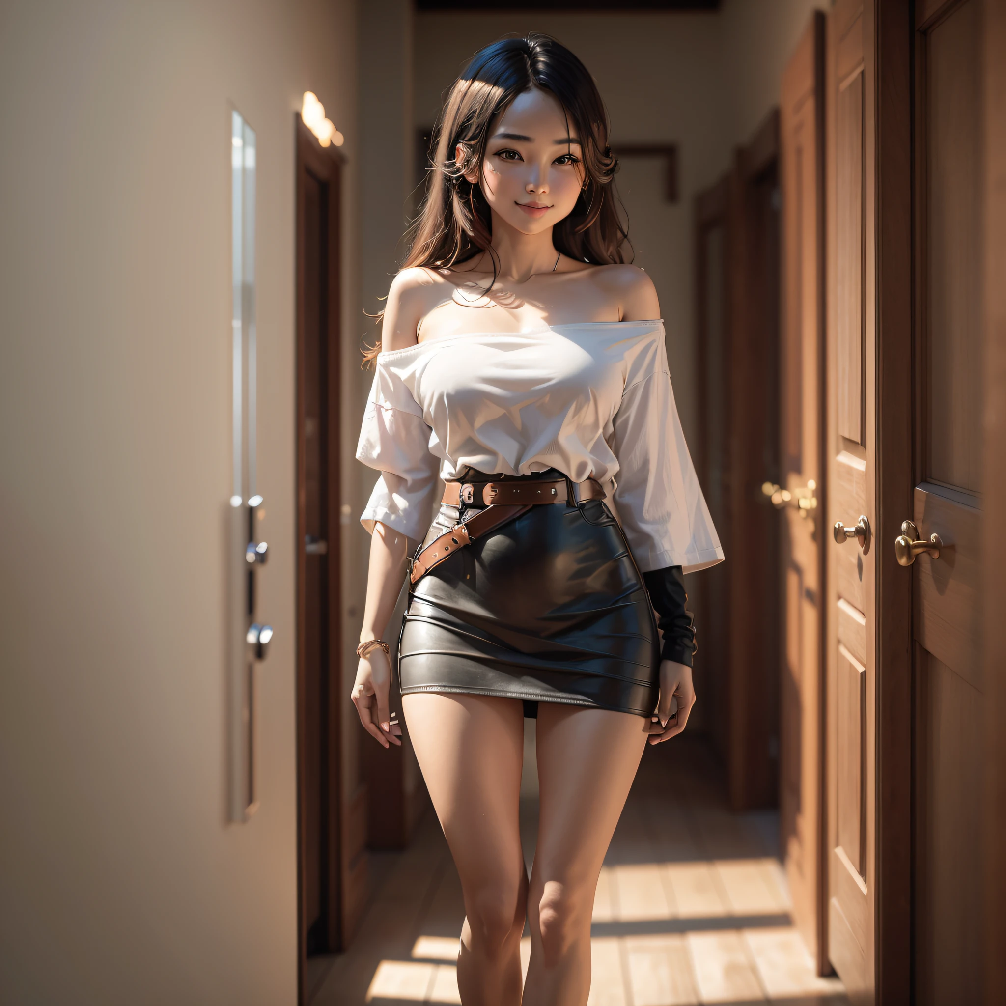 8K, Masterpiece, High Resolution, Absurd, Natural Volume Lighting and Best Shadows, Deep Depth of Field, Sharp Focus, Smile, Full Body, Long Legs, Soft and Delicate Beautiful Face, edgAsianc, Beautiful Woman, Oversized T-shirt, Off-the-shoulder, Belt, Super Realistic, Skirt, Wear edgAsianc, Half Breast --auto --s2