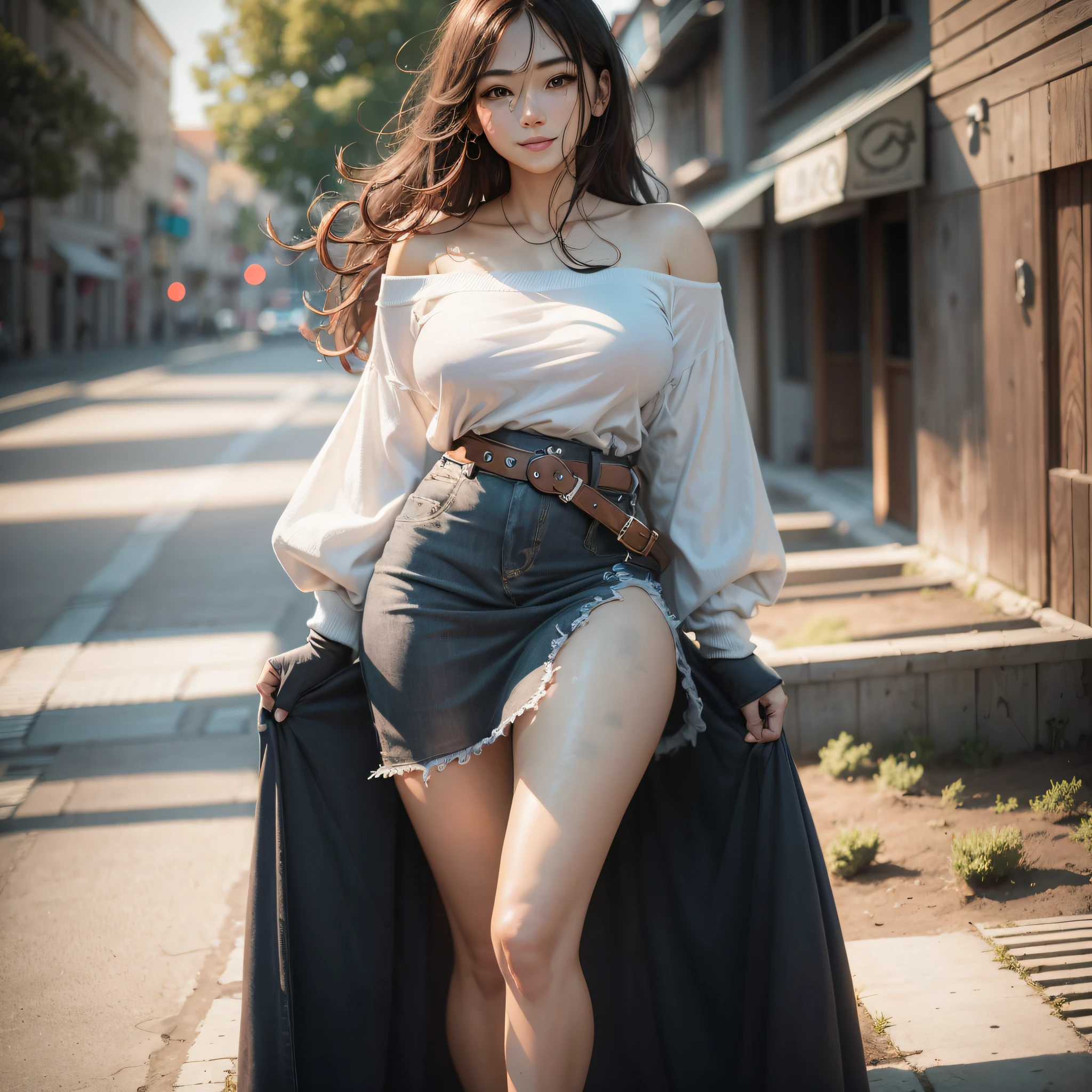 8K, Masterpiece, High Resolution, Absurd, Natural Volume Lighting and Best Shadows, Deep Depth of Field, Sharp Focus, Smile, Full Body, Long Legs, Soft and Delicate Beautiful Face, edgAsianc, Beautiful Woman, Oversized T-shirt, Off-the-shoulder, Belt, Super Realistic, Skirt, Wear edgAsianc, Half Breast --auto --s2