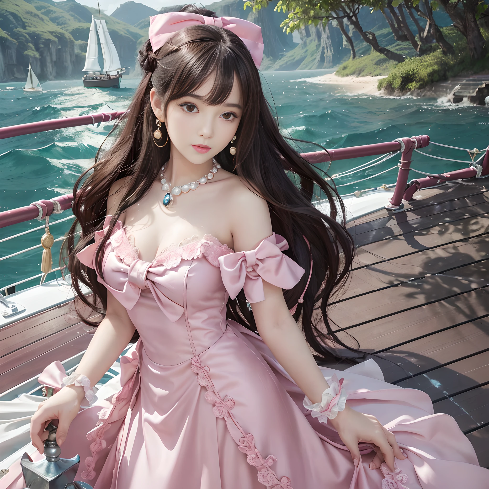 ((Realistic lighting, top quality, 8K, Masterpiece: 1.3)), Clear Focus: 1.2, 1Woman, Perfect Beauty: 1.4, Yushuxin, 1Girl, Dress, Solo, Brunette, Jewelry, Long Hair, Earrings, Bow, Pink Dress, Wood, Nature, Outdoor, Bare Shoulder, Airless Gainsboro, Long Dress, Hair Bow, Forest, Pink Bow,Strapless, Standing, Necklace, Head Tilt, Chapped Lips, Wavy Hair, Strapless Dress,Lace Sleeves, Setin dress,Close-up of woman in pink dress posing for photo,beautiful maiden,beautiful korean woman, beautiful princess, cute elegant pose, bell delphine, wearing pink dress, beautiful fantasy maiden, anime princess, beautiful fascinating anime woman,beautiful asian girl, charming anime girl, elegant glamorous cosplay,(sailing sailing in distant sea: in front of the deck bow:1.8), (beautiful orb-articulated doll:1.3), Luxurious princess dress,Looking back from afar,