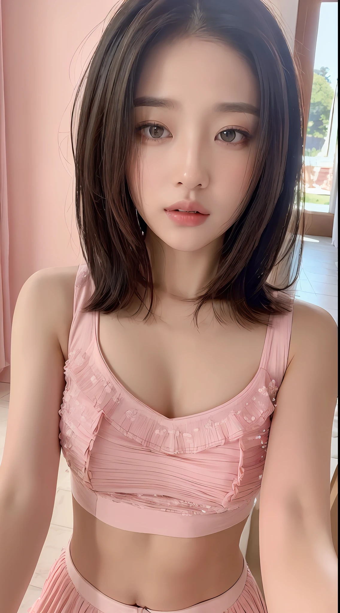 ((Best quality, 8k, Masterpiece :1.3)), Sharp focus:1.2, Perfect Body Beauty:1.4, Slim Abs:1.2, ((Layered Hairstyle:1.2)), (Pink Sexy Clothes:1.1), (Indoors:1.2), Highly detailed face and skin texture, Detailed eyes, Double eyelids, provocative expressions,