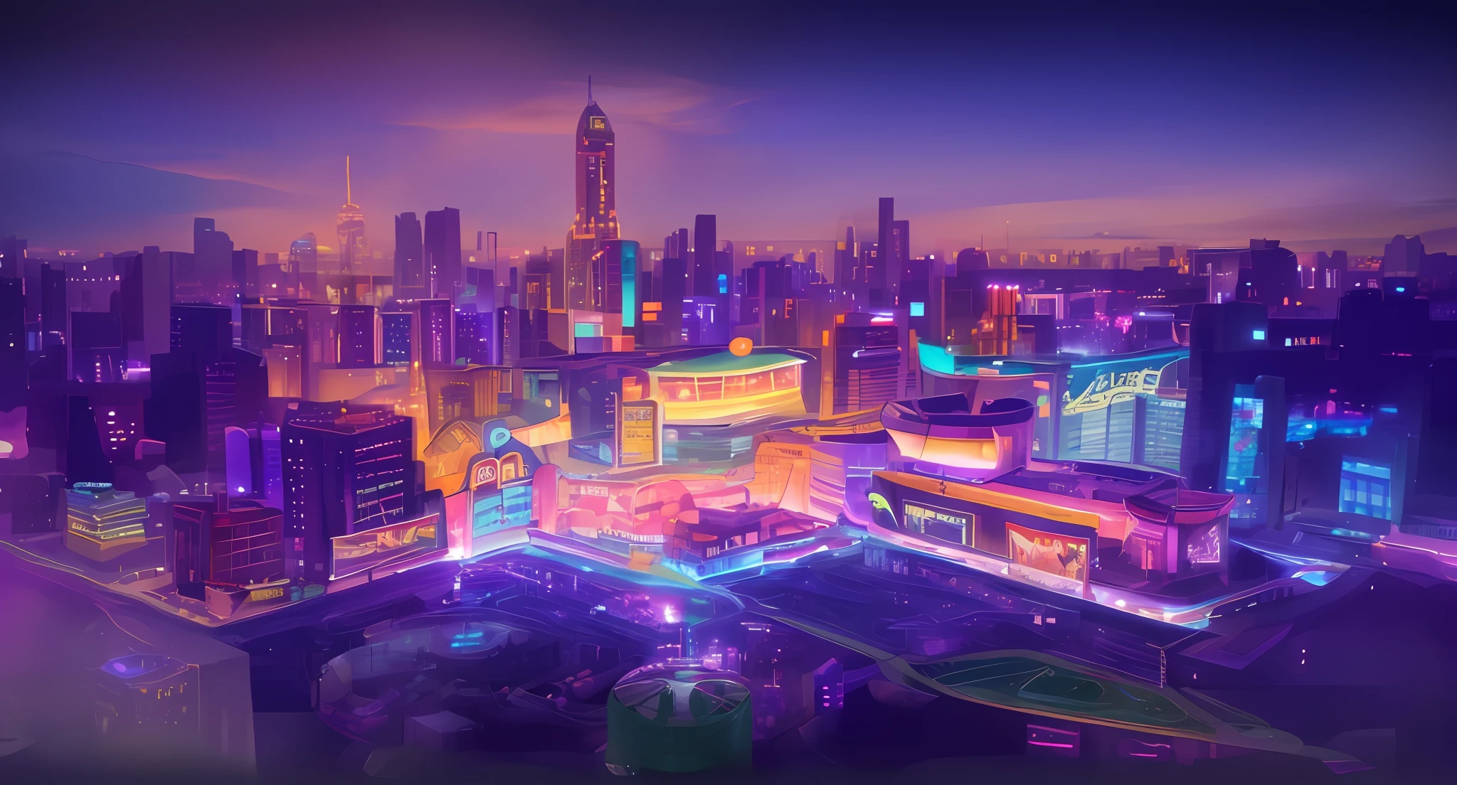 cartoon city scene, casino building, futuristic metropolis, neon signs, cityscape, gradient night sky, led screen on building, holographic display, skyline, skyscraper, macaron tones, masterpiece, best quality, illustration, 8K, UDH, luminosity