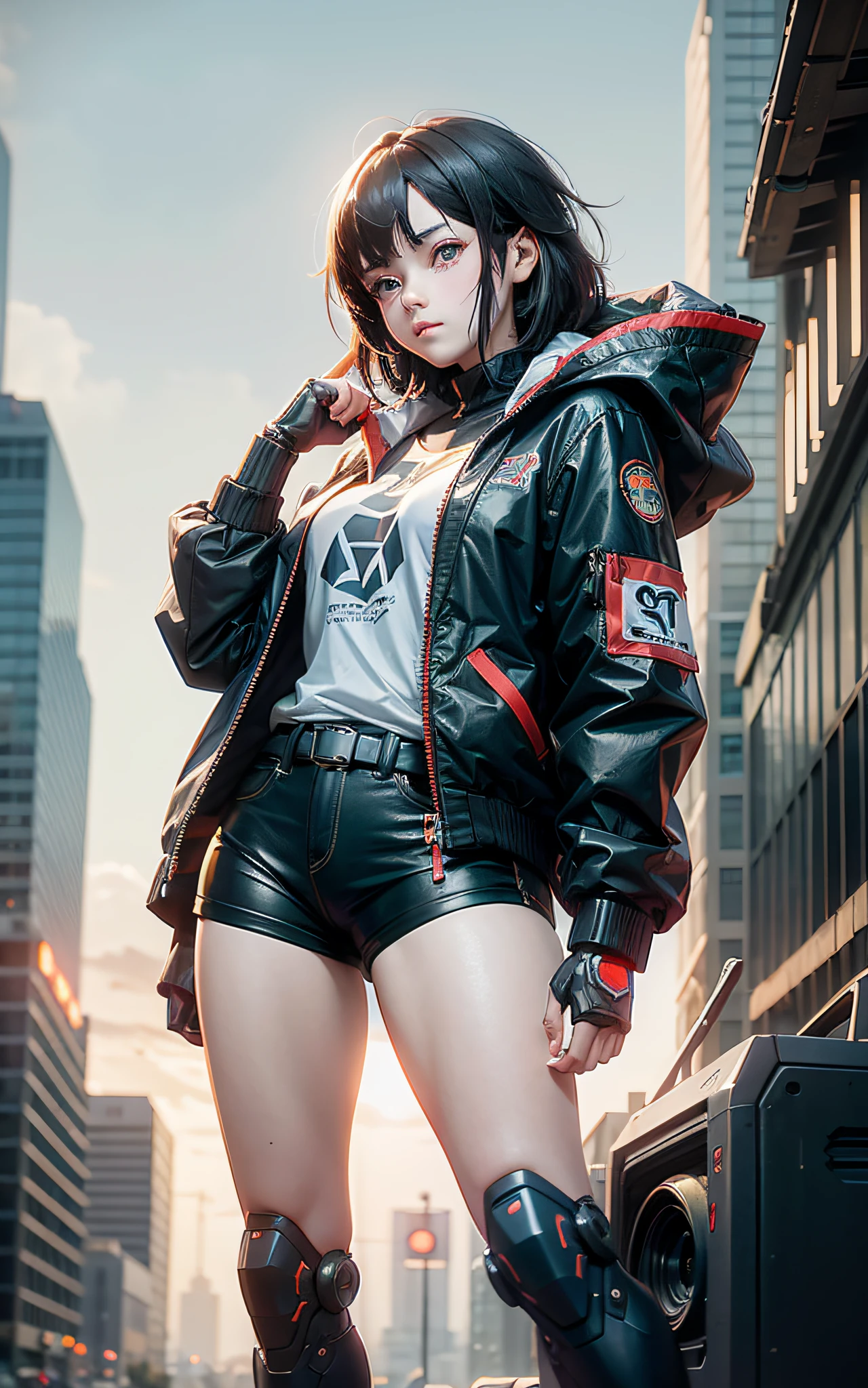 anime girl in short shorts and jacket standing next to giant robot, artwork in the style of guweiz, cyberpunk anime girl mech, trending on cgstation, guweiz, by Russell Dongjun Lu, digital cyberpunk anime art, ross tran 8 k, guweiz on artstation pixiv, girl in mecha cyber armor