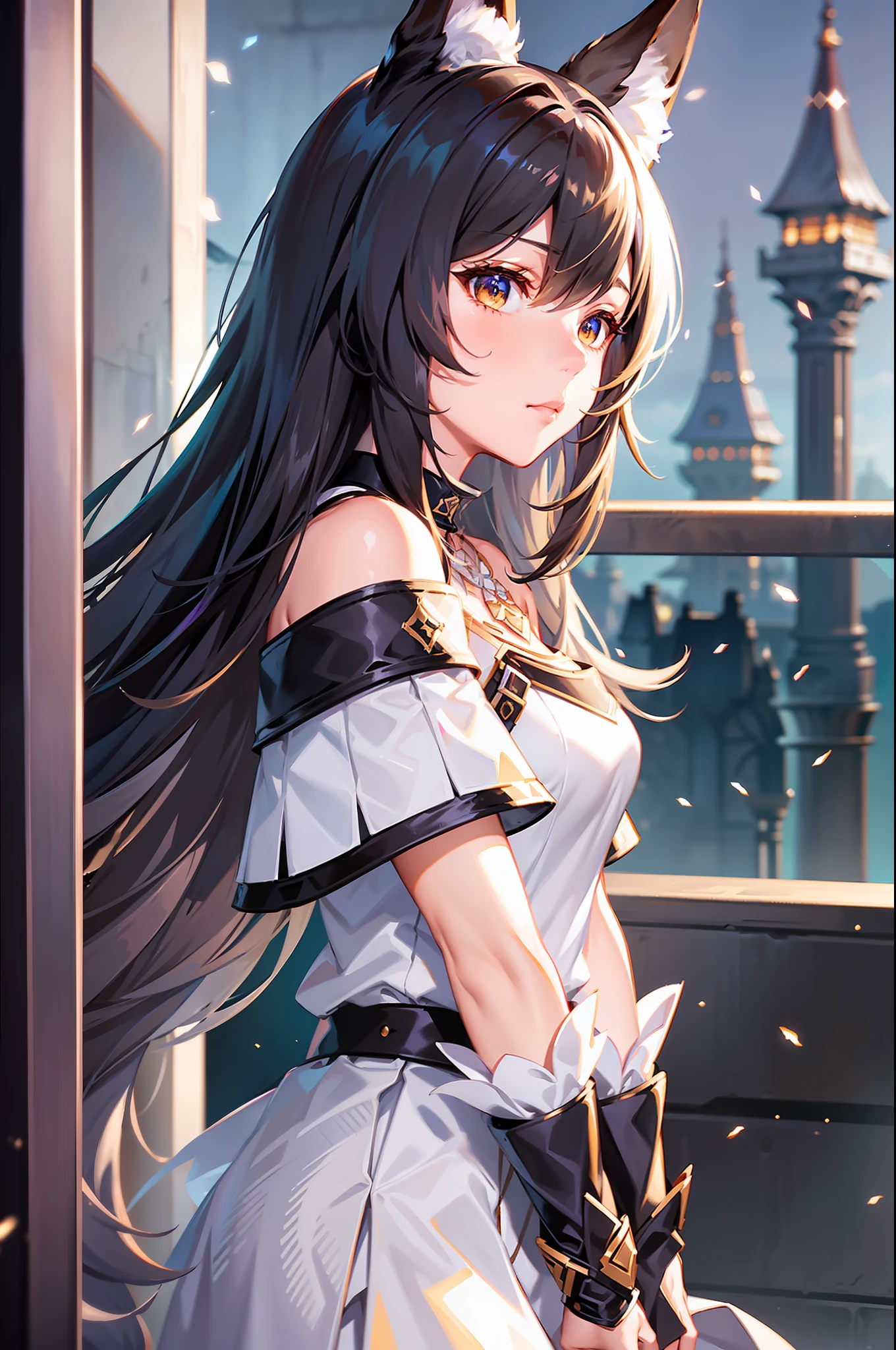 solo, masterpiece, best quality, 1 woman, dark feeling, perfect female upper body, (arknights: 1.08), (cygames: 1.03), fox ears, fox tail, white skirt, off-the-shoulder outfit, necklace, lots of glowing particles, in the castle
