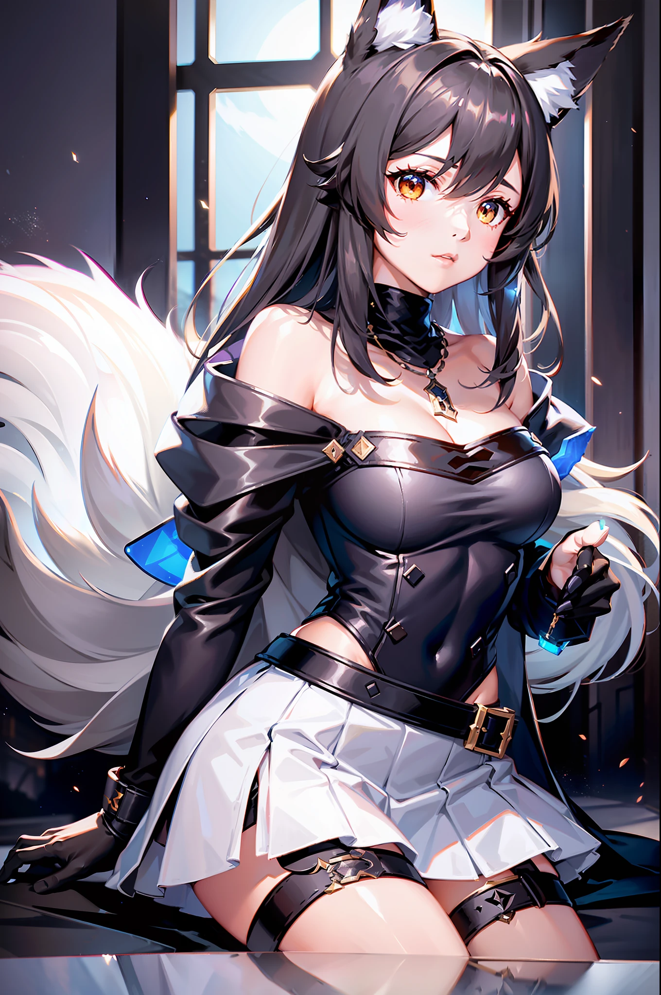 solo, masterpiece, best quality, 1 woman, dark feeling, perfect female upper body, (arknights: 1.08), (cygames: 1.03), fox ears, fox tail, white skirt, off-the-shoulder outfit, necklace, lots of glowing particles, in the castle