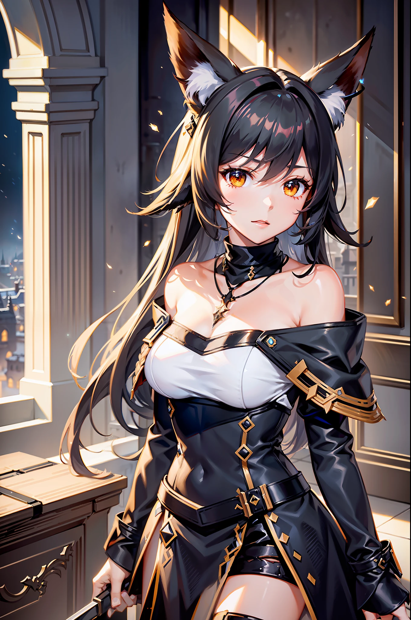 solo, masterpiece, best quality, 1 woman, dark feeling, perfect female upper body, (arknights: 1.08), (cygames: 1.03), fox ears, fox tail, white skirt, off-the-shoulder outfit, necklace, lots of glowing particles, in the castle