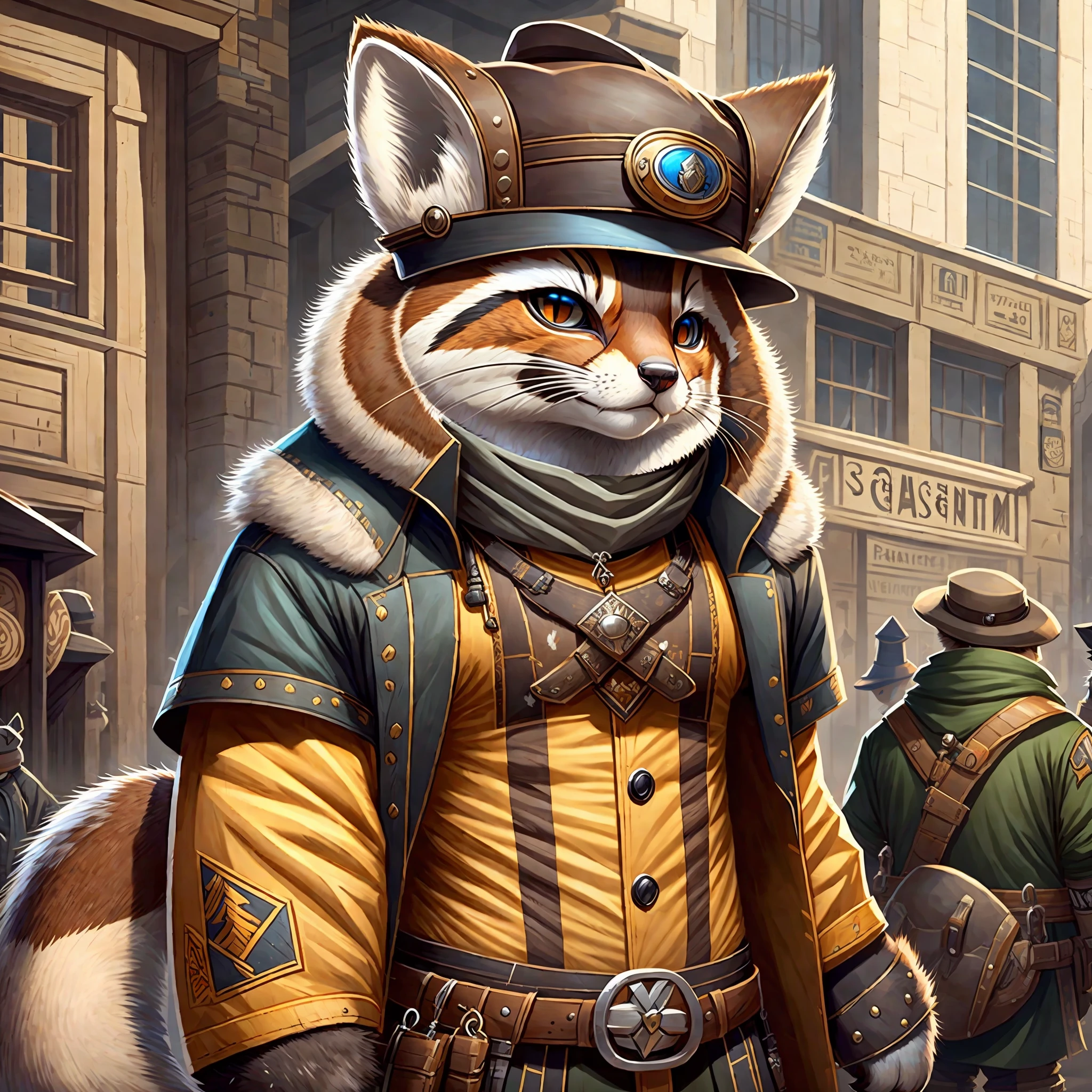 A picture of a weasel wearing a hat, an art station trend, dressed in fox skin clothing, with ultra realistic detailed renderings, a member of a British gang, a sinister style, intimidating posture, a cat planet, tattered clothing, city warriors, Meow Slavic features, --auto --s2