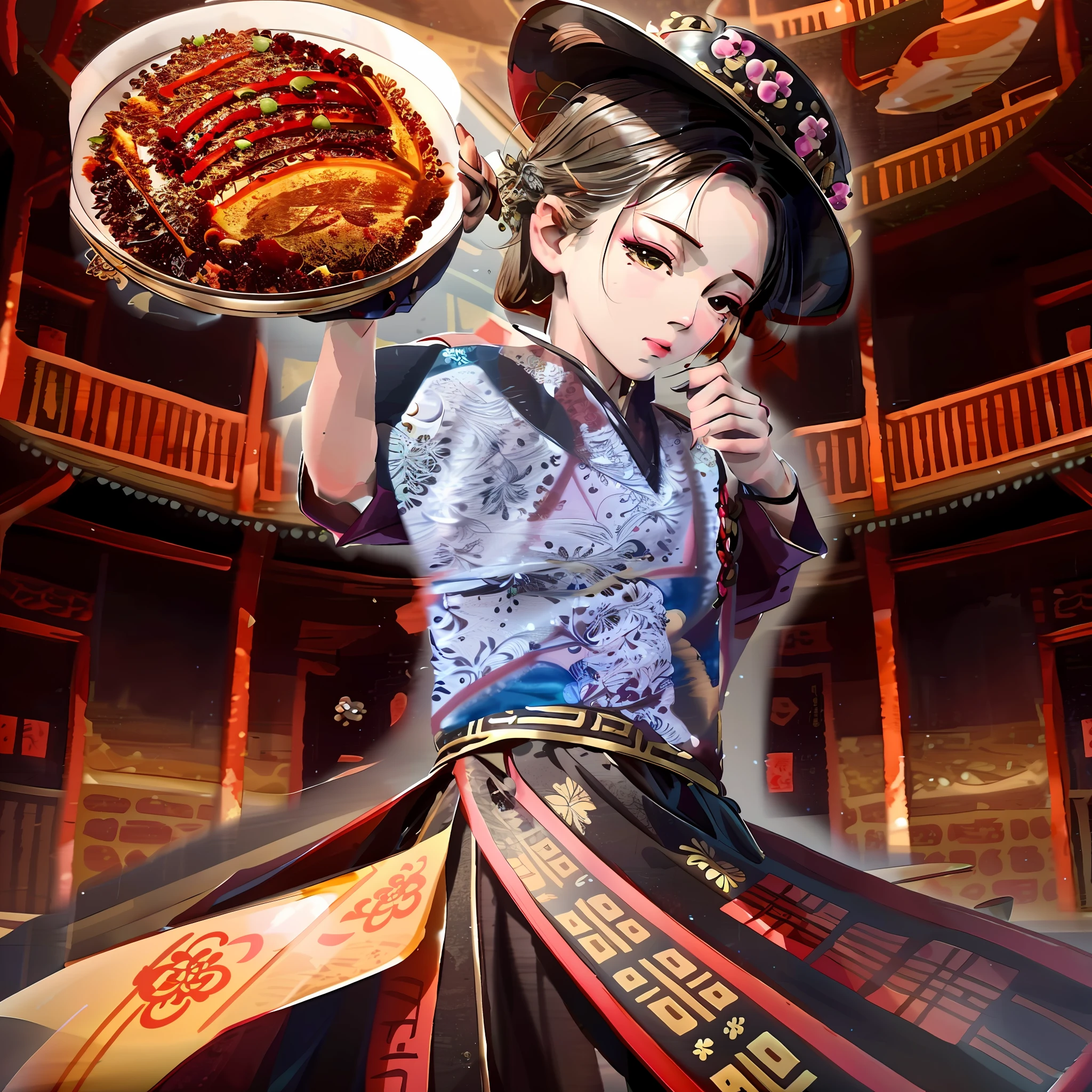 there is a woman holding a plate of food in a theatre, inspired by Pan Tianshou, inspired by Ju Lian, inspired by Pu Hua, cai xukun, inspired by Song Maojin, inspired by Chen Daofu, inspired by Huang Gongwang, inspired by Guo Chun, inspired by Li Mei-shu, inspired by Chen Lu