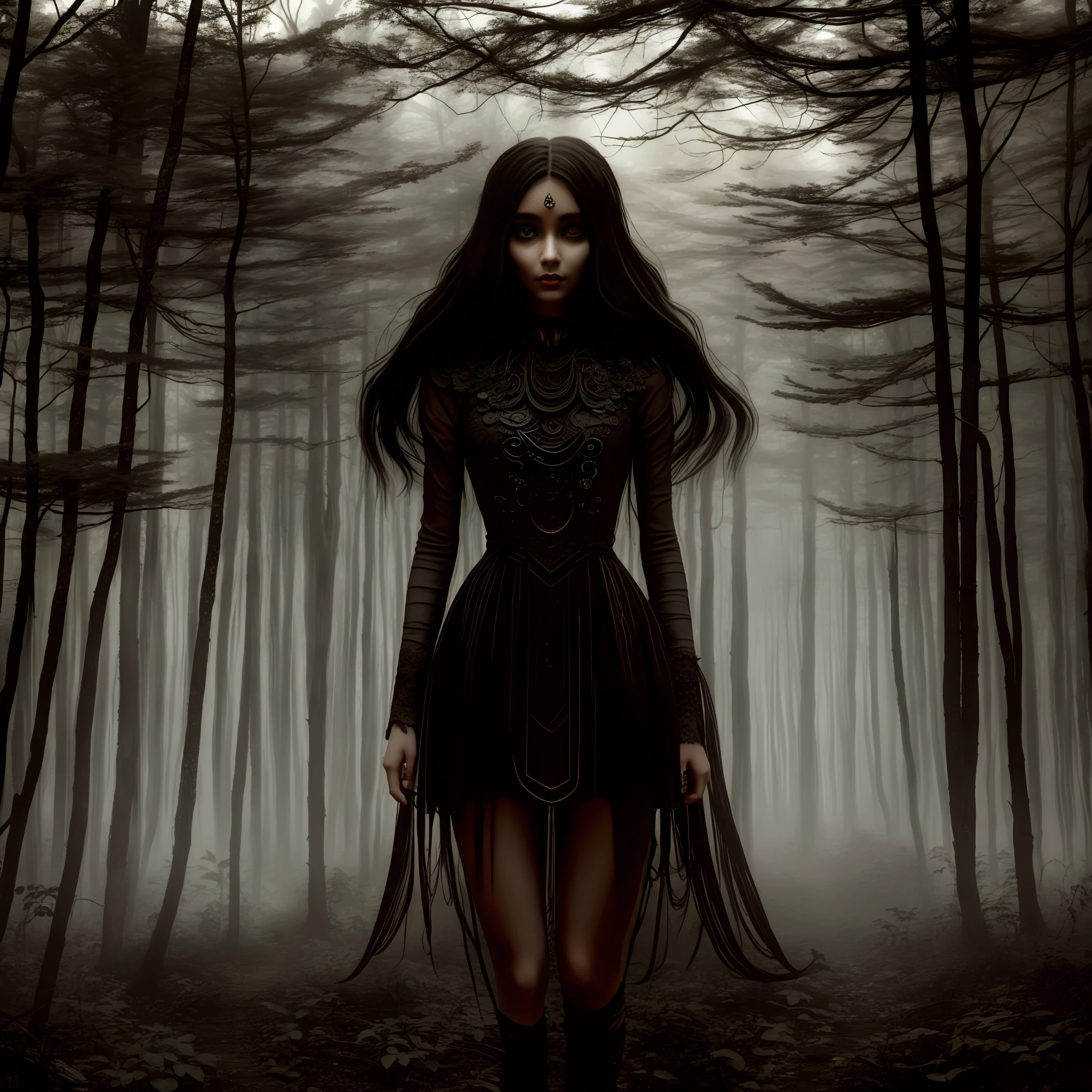 arafed woman in a forest with a creepy look on her face, spiritual eerie creepy picture, woman in a dark forest, female humanoid creature, beautiful with eerie vibes, eerie moorlands behind her, eerie person, humanoid woman, feral languid woman, eerie looking, dark eerie pic, haunting beautiful young woman, dark fantasy mixed with realism