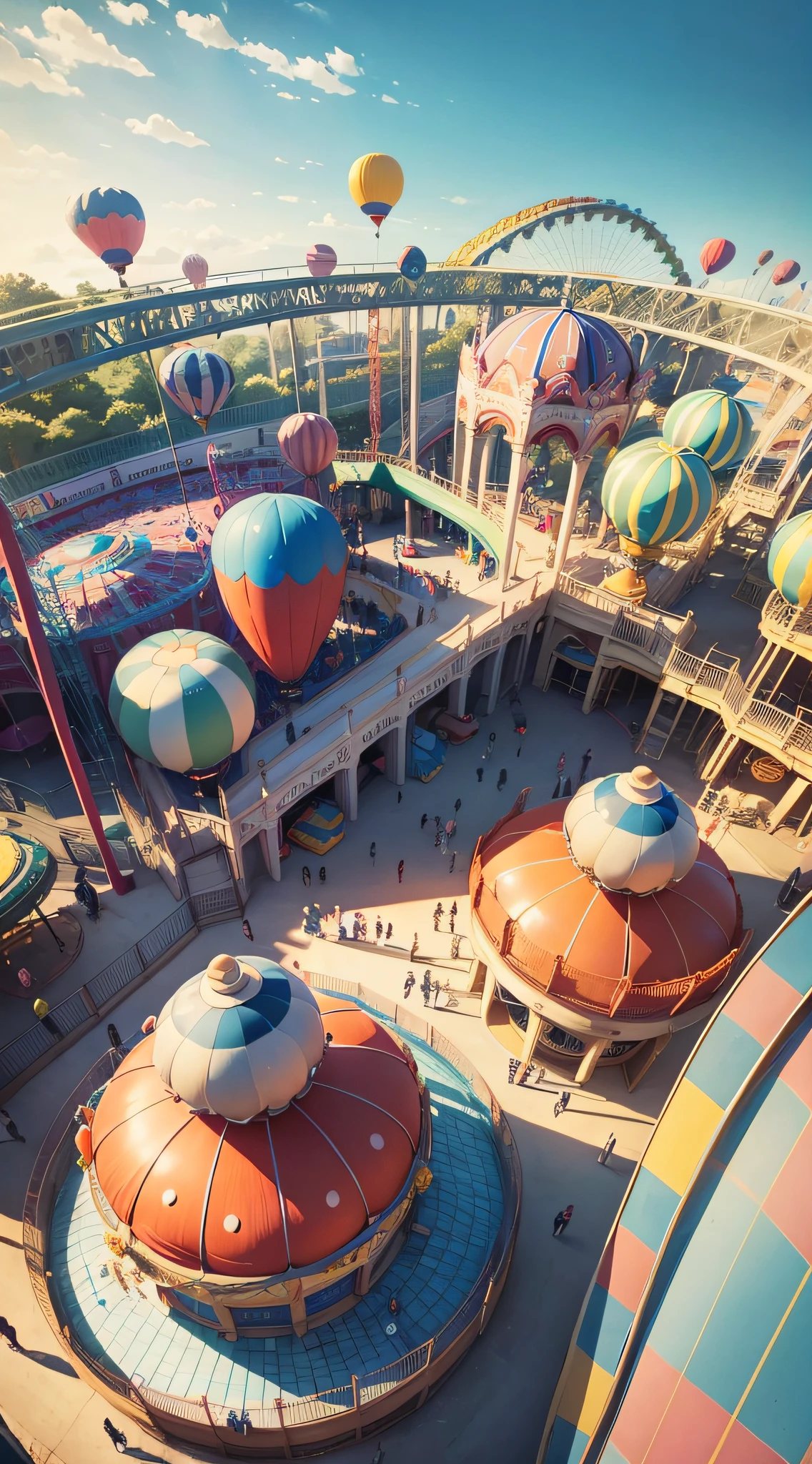 The sky is clear, inside the amusement park, people are playing happily, there are various children's play facilities, there is a Ferris wheel, from a top-down angle, there are balloons in the distance, the colors are bright, and the saturation and brightness are increased --auto --s2