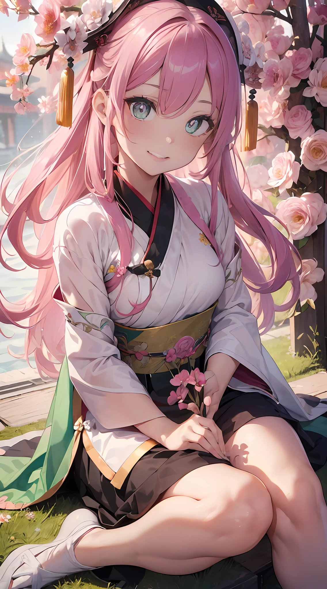 (((Masterpiece))))), (((Super detail, highest quality, high resolution, video lighting)), full body, from below, full body shooting
(1 girl) ((pink hair, long hair, straight hair)) (two side up) (green eyes), eyeshadow, eyeliner, glow eyes, hyper detail eyes, complex eyes, beautiful eyes, (((sparkling pink pupils)) 18-year-old girl, seductive smile,
Chinese Hanfu style clothes, hands between legs, (flower background)