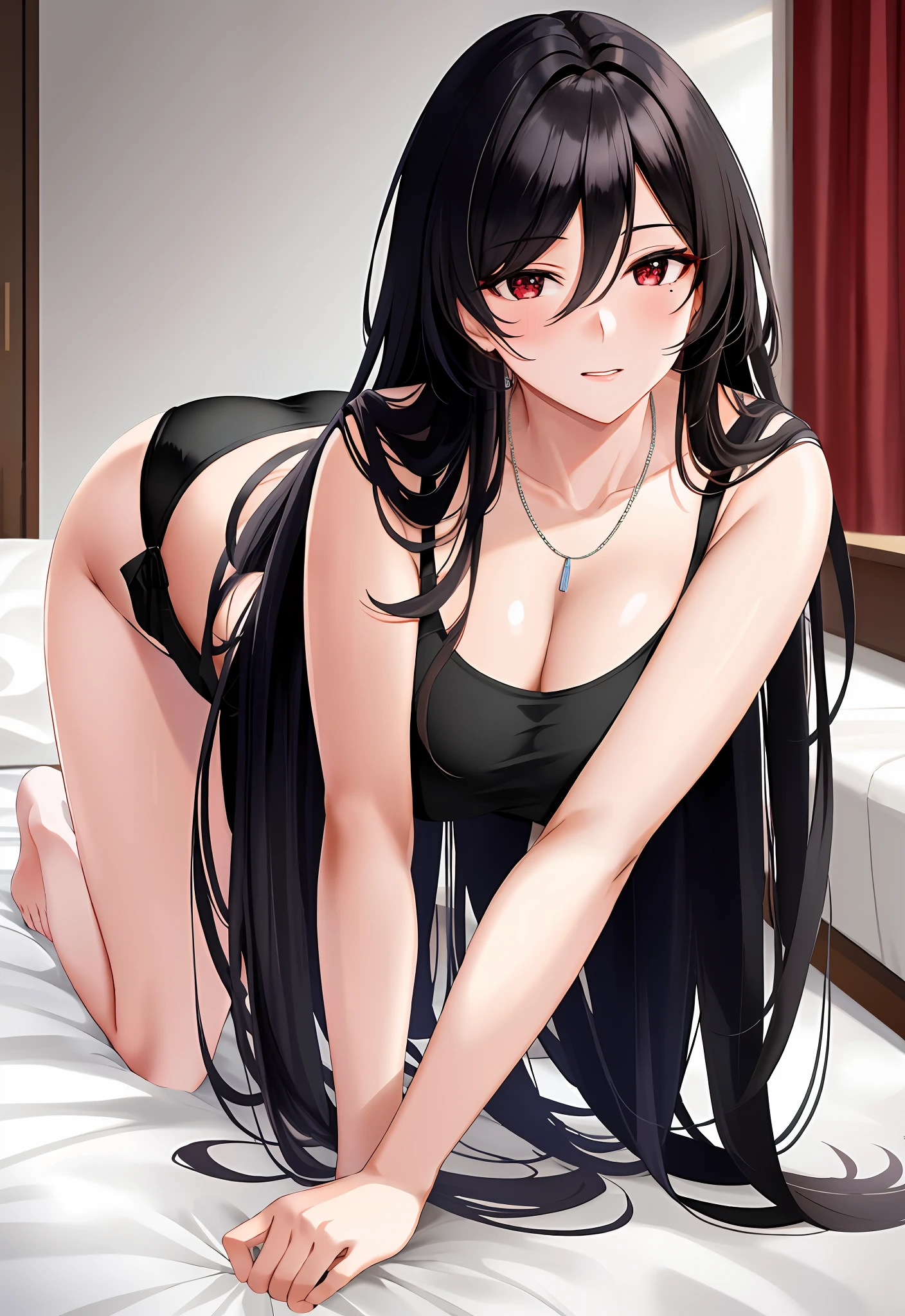 Beautiful 30 years old mature woman, red eyes, shining eyes, black hair, long hair, disheveled hair, on bed, wide ass, crawling on all fours, buttocks thrust up and emphasized, buttocks facing the camera, sexual expression, inviting expression, white underwear, moles on face, biting lips, exposed big, smooth body, detailed curves, chic thighs, necklace, sleep, fluttering, studio quality, 8k, (photorealistic), (detailed), Transfer, Colorful, 50mm