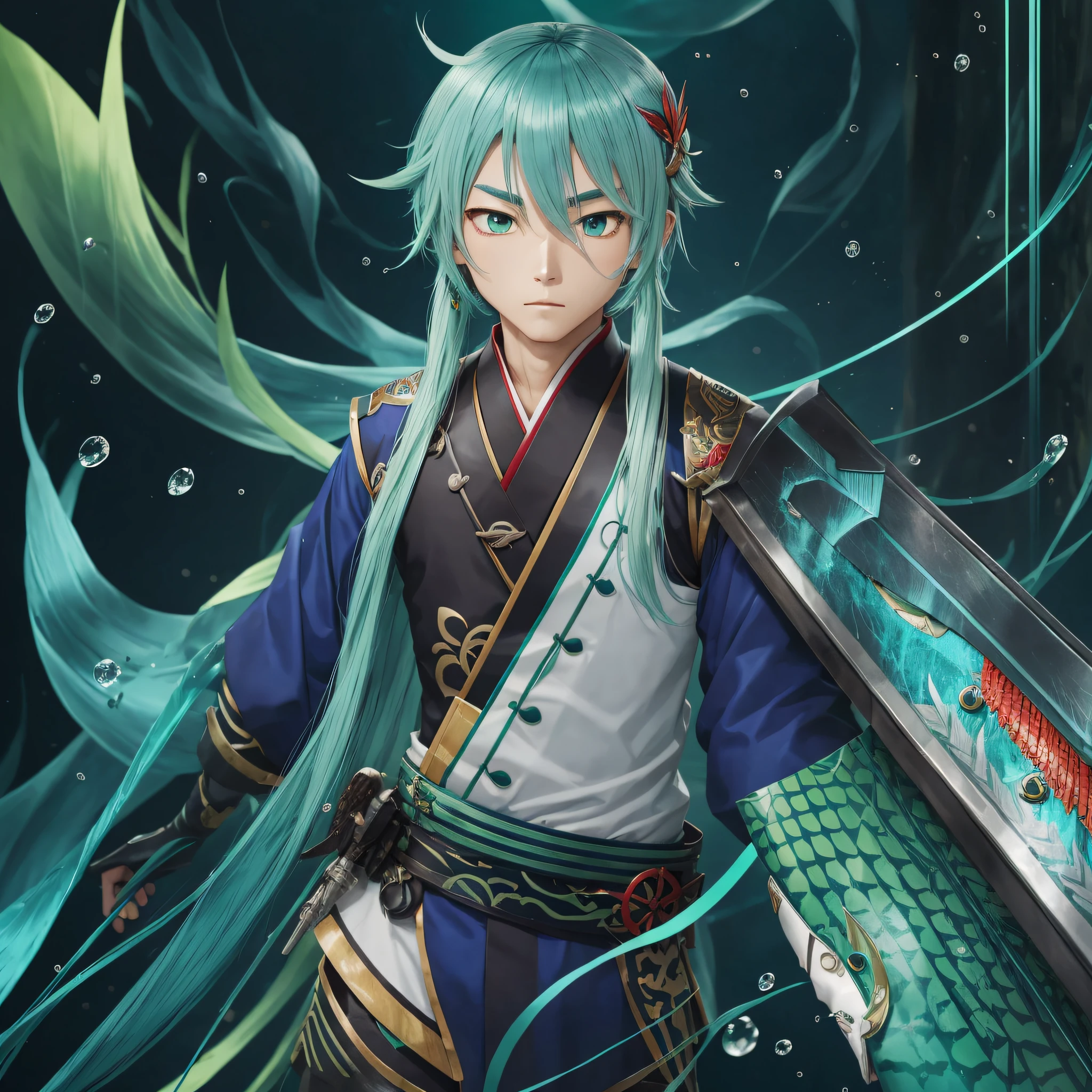 Genshin, Ray, green-blue hair, warrior general, holding a spear in his hand --auto --s2