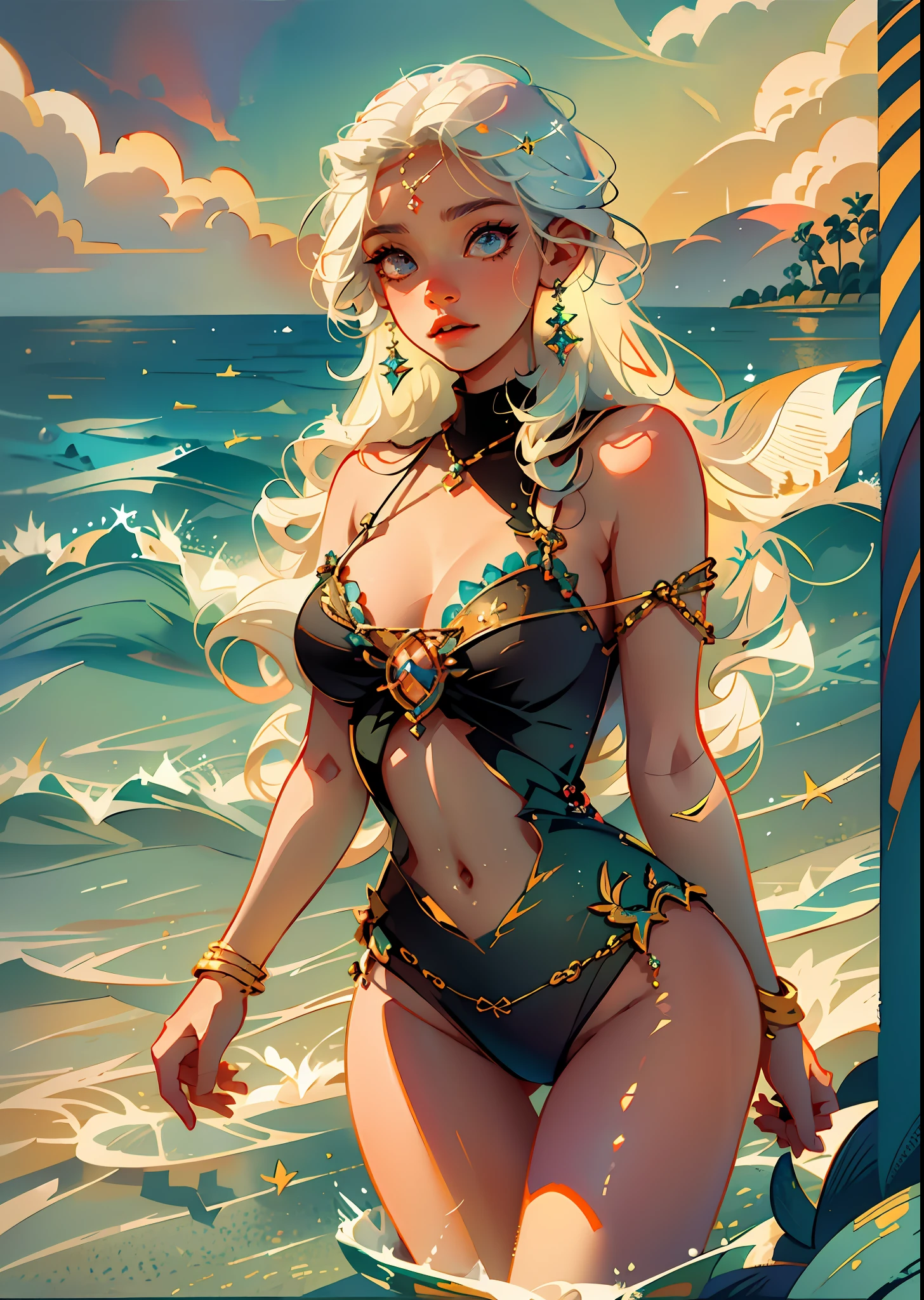 self illuminated stunning beauty girl standing on the beach, the soft sand beneath her feet, the sparkling waves gently lapping at her ankles. Her long golden hair dances in the breeze, radiant face with a natural glow, The sun sets behind her, casting a warm orange hue across the sky and highlighting her flawless complexion. Her eyes twinkle with joy as she takes in the breathtaking view, radiating an effortless beauty, face drawn by Ilya Kuvshinov