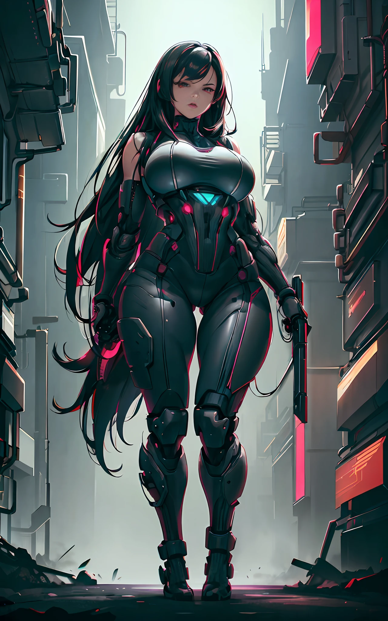 Woman body, defined thick thighs, cybernetic body parts,bionic arm, mechanical arm, mecha arm, android, mechanical armour, (tifa lockhart), long straight black hair, (red eyes:1.3), (exo suit:1.4) long black hair, red eyes, huge breasts, neon lights in background, in a night market