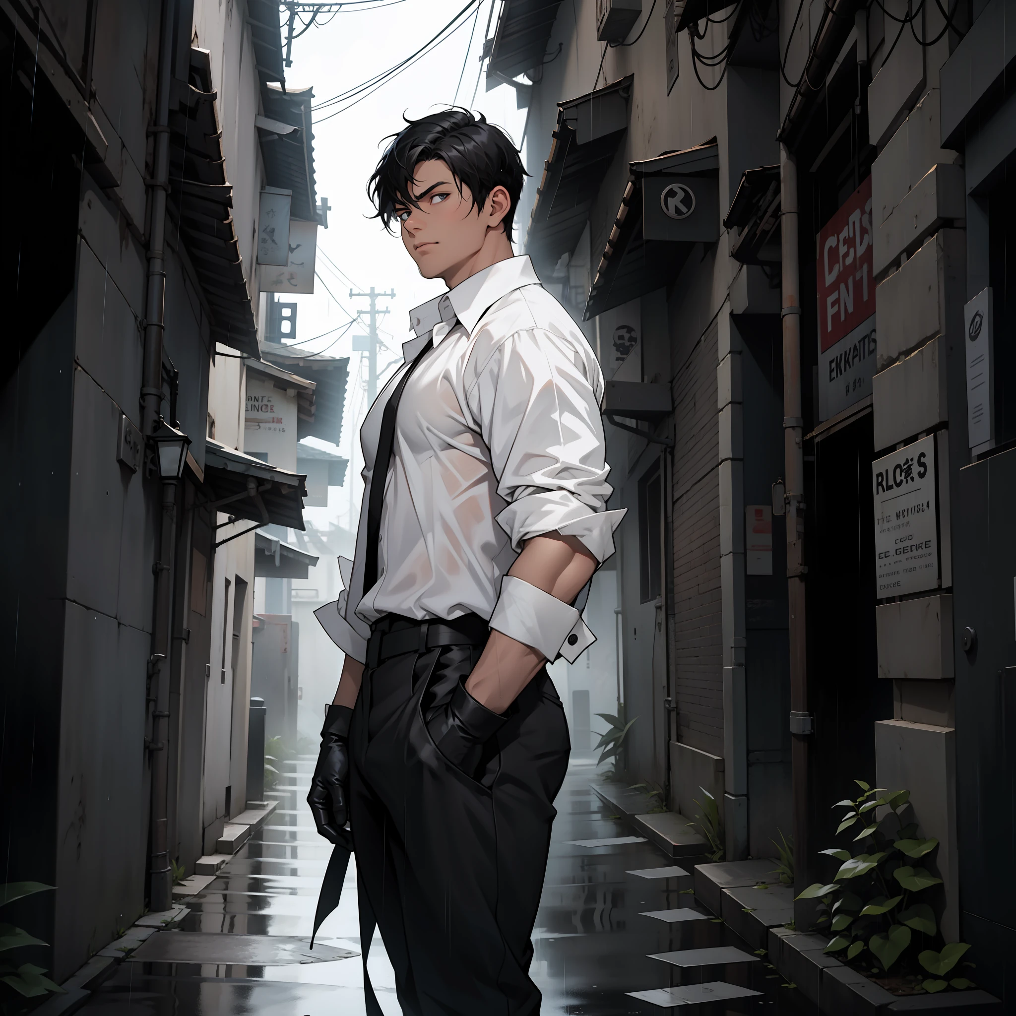 A boy, black hair and half white, short hair, white shirt, black pants, black gloves, straight face, dark, alley, dark, rain