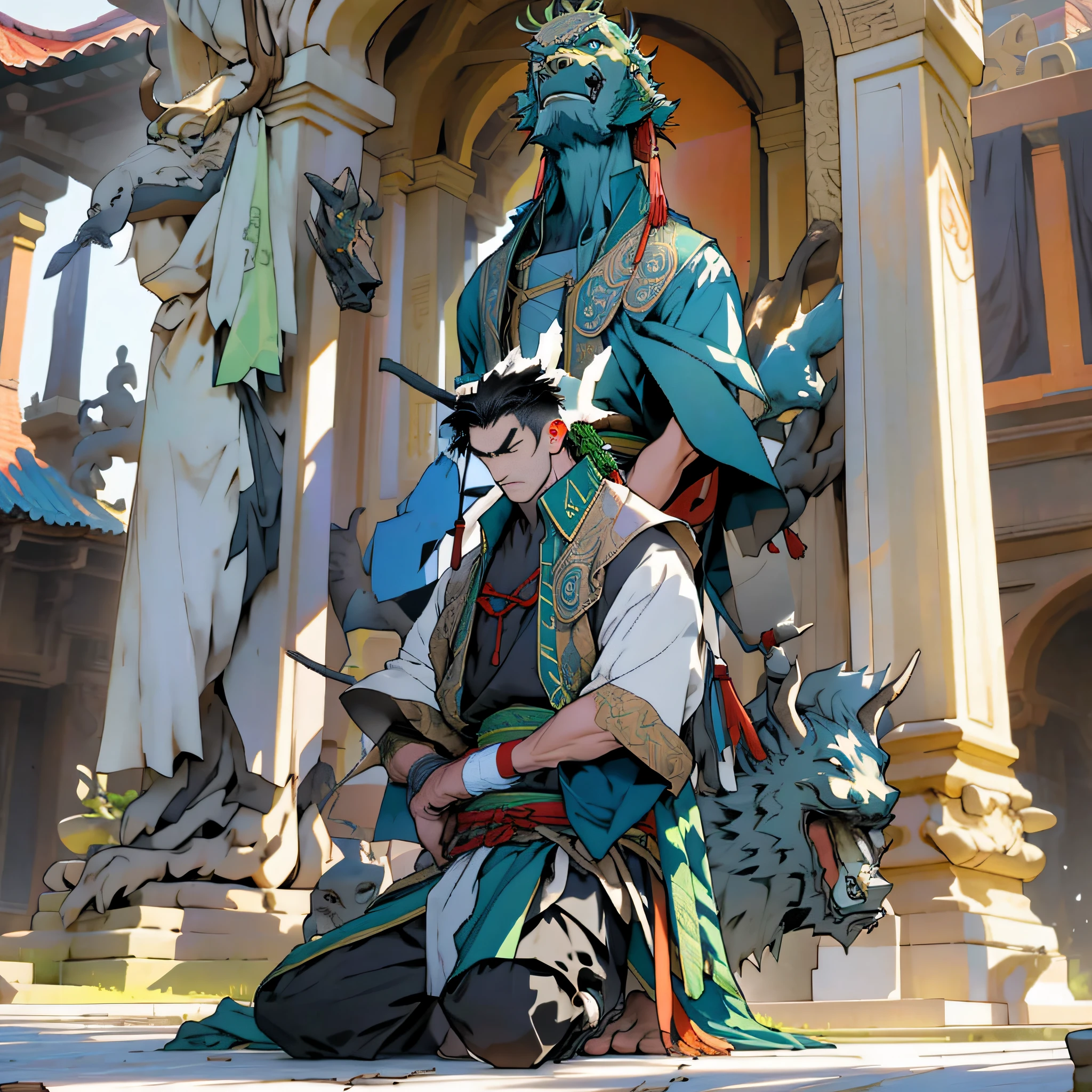 In front of the statue of Guan Yu, a man knelt and kowtowed
