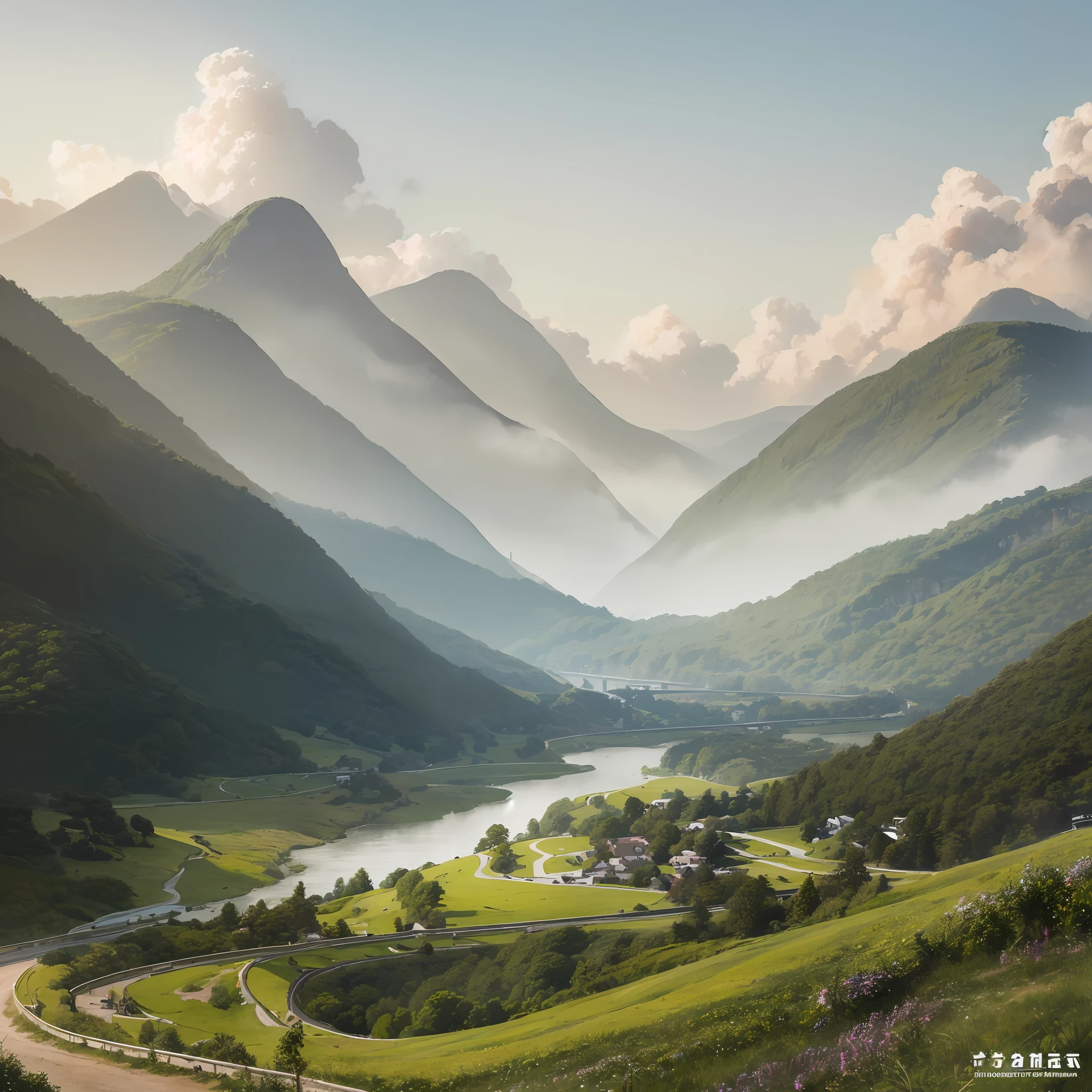 (High-quality landscape painting style, high-quality details,) The mountain road at the 18th bend is undulating, and the clouds and mist are at the beginning; The continuous waterways are like a chain and sparkling scenery. (You can highlight the key points and paint a specific picture) --auto --s2