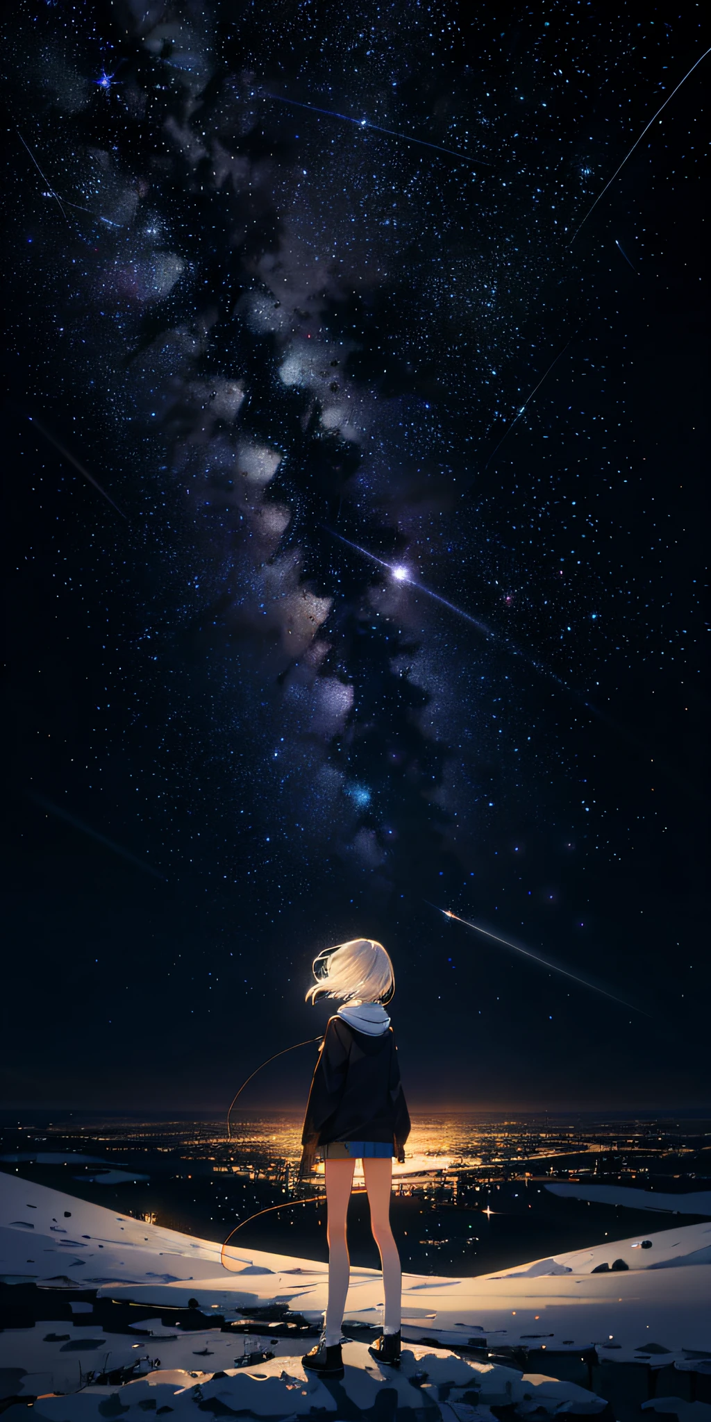 Starlight shooting stars in the sky, twinkling stars, in the vast night sky, string of bright spots, soft starlight exudes a mesmerizing soft glow.