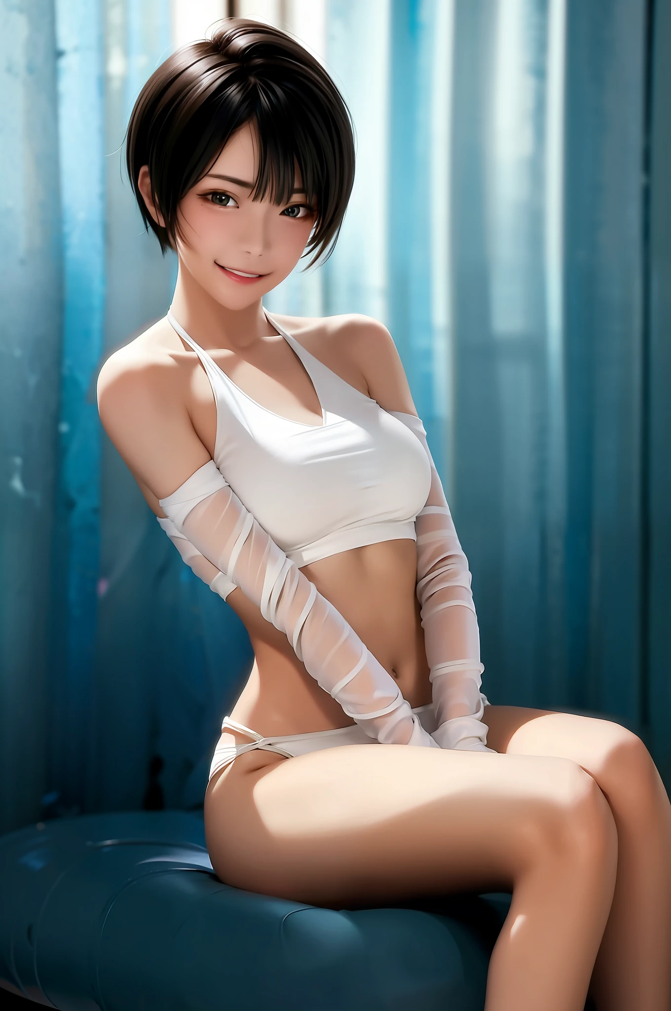 Woman, short hair, super fine face, hands between legs caressing, happy and shy expression, wearing a three-point bikini, soaked all over