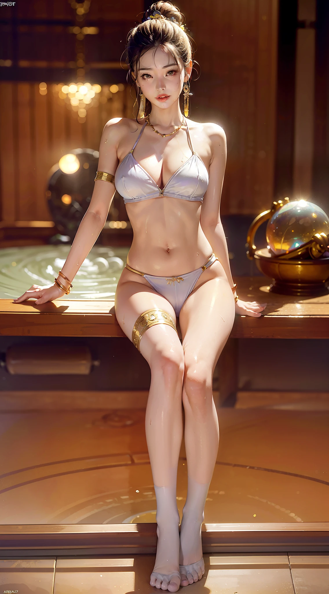 (Original photo: 1.2), (Reality: 1.4), (Clarity: 1.2), (A woman), (Perfect body proportions), ((Extremely lush hair)), (((Unshaven))), ((Perforated lover)), (Lip ring, ring, navel ring, nose ring), (High jumper figure), (gymnastic exercise pose), ((Breast: 1.8), (Areola: 2), ( Pectoralis major: 1.0), (sternocleidomastoid muscle: 1.0), (abs: 0.7), (buttocks: 1.6), (gluteus maximus: 1.8), (biceps: 1.2), (deltoids: 1.4), (groin: 2), (:2), pale skin, thin skin, seductive expression, double eyelids, gold glasses, jelly textured lips, glowing lips, cherry small mouth, small upturned lips, (grinning), (sticking out tongue), (saliva marks)), moles under the eyes, ((( Detailed skin texture))), real pores)), textured skin, (((dynamic pose))), (lying down, hugging arms, white nails, white toenails, Greek toes, camel toes ((legs apart))), lying on a mirror), ((mirror with silver patterned border)) ), (wearing a transparent plastic textured maid outfit))), slipped shoulder straps, slipped clothes, soaked clothes), ((((no underwear))))), (no panties)))), (no panties))), ((no panties))), (( (no socks))), (wearing gemstone rings, ruby bracelets, amber necklaces, golden Buddha beads rosary), ((gemstone tongue studs), (gemstone belly button), (lower abdomen decorated gem setting), opal jewelry, gemstones refracting dazzling light, gold thin chains))), (dynamic hair, sagging hair, wet hair, wet skin texture), (((honey bath))), sweaty all over, shiny skin, glowing skin, radiant, eyes looking at the camera, ((purple massage stick on the ground)), (Lens viewed from below),cocktail in hand, Music is playing, High quality details, Very high texture, Soft lighting, Photography studio photo exposure, Photography studio lighting, (HDR:1.4), Surrealism, ( 16K), Masterpiece, ((lots of detail, Surrealism, Realism, ((Omar Ortiz work)))