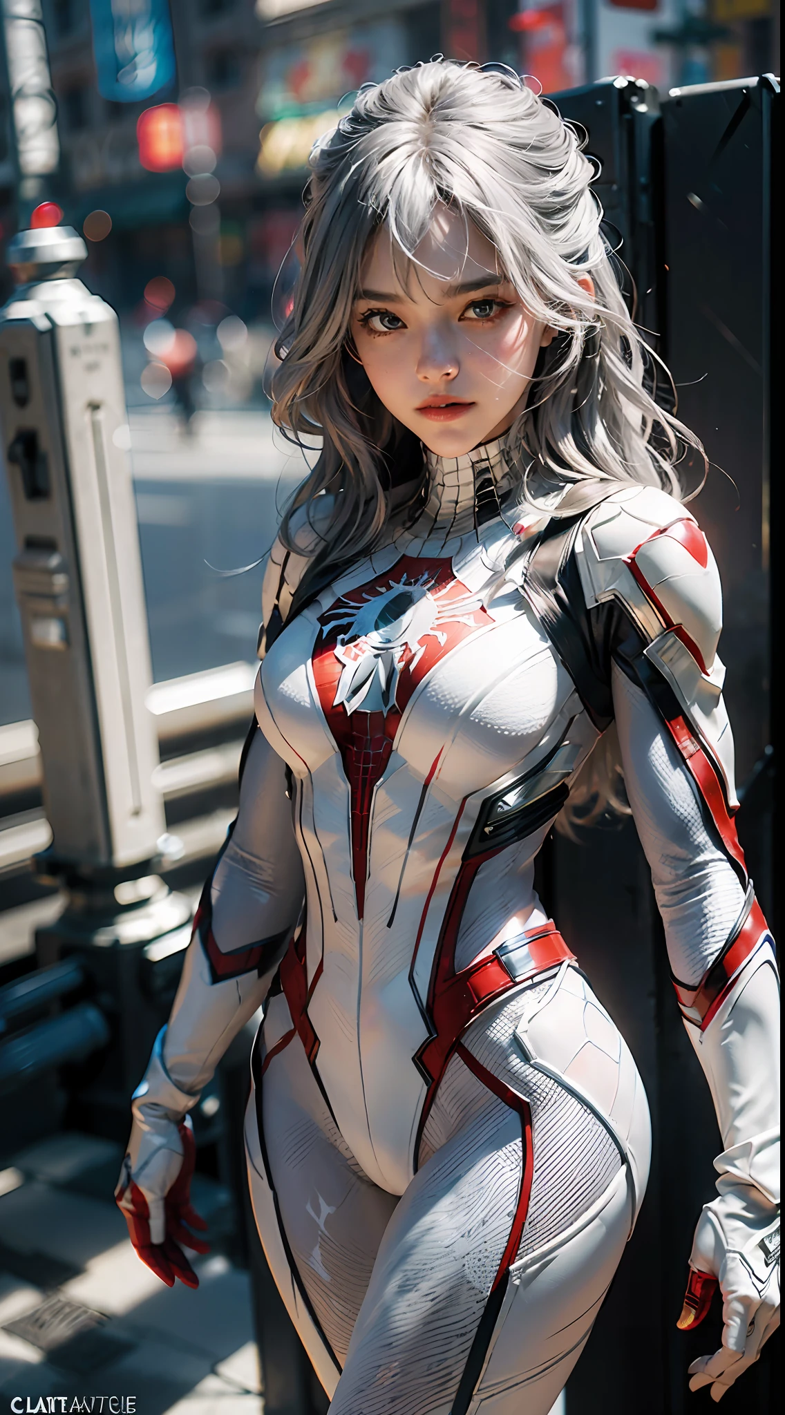 (Extreme Detail CG Unity 8K wallpaper, masterpiece, highest quality), (exquisite lighting and shadow, highly dramatic picture, cinematic lens effect), a girl in a white Spider-Man costume, silver gray hair color, from the Spider-Man parallel universe, Wenger, Marvel, Spider-Man, on the roof, dynamic pose), (excellent detail, outstanding lighting, wide angle), (excellent rendering, enough to stand out in its class), focus on white Spider-Man costume, red complex spider texture,