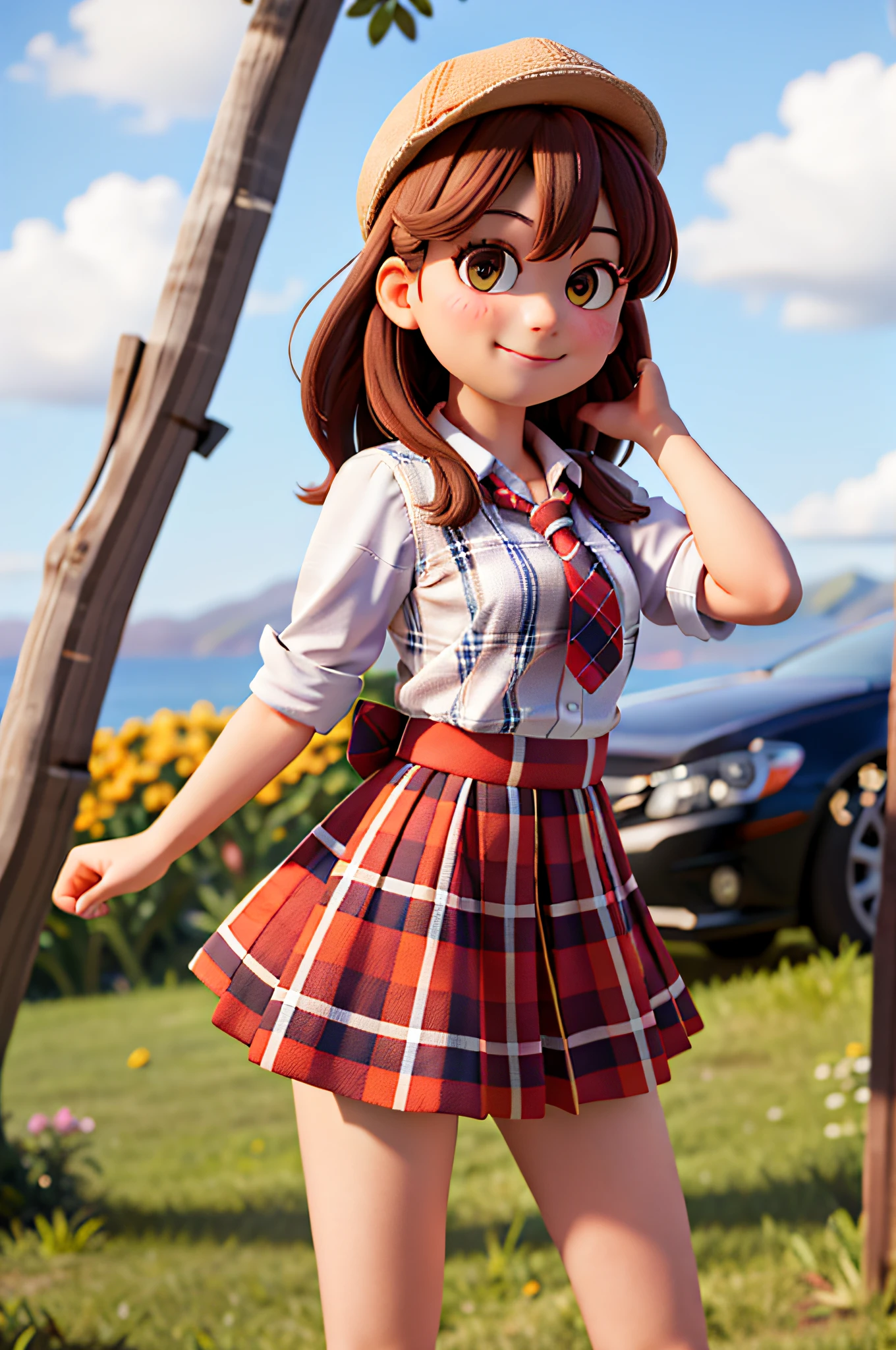 masterpiece, high quality best quality,1girl, bangs, beach, blue_sky, blush, bow, breasts, checkered, checkered_shirt, checkered_skirt, cloud, cloudy_sky, collarbone, day, envelope, giving, grass, hair_bow, heart, holding, holding_letter, horizon, incoming_gift, kazami_yuuka, leaning_forward, lens_flare, letter, light_rays, long_hair, looking_at_viewer, love_letter, mountain, mountainous_horizon, ocean, outdoors, plaid, plaid_background, plaid_bikini, plaid_bow, plaid_bowtie, plaid_bra, plaid_dress, plaid_headwear, plaid_jacket, plaid_legwear, plaid_necktie, plaid_neckwear, plaid_panties, plaid_pants, plaid_ribbon, plaid_scarf, plaid_shirt, plaid_skirt, plaid_vest, pov, shirt, skirt, sky, smile, solo, sun, sunbeam, sunlight, tree, unmoving_pattern