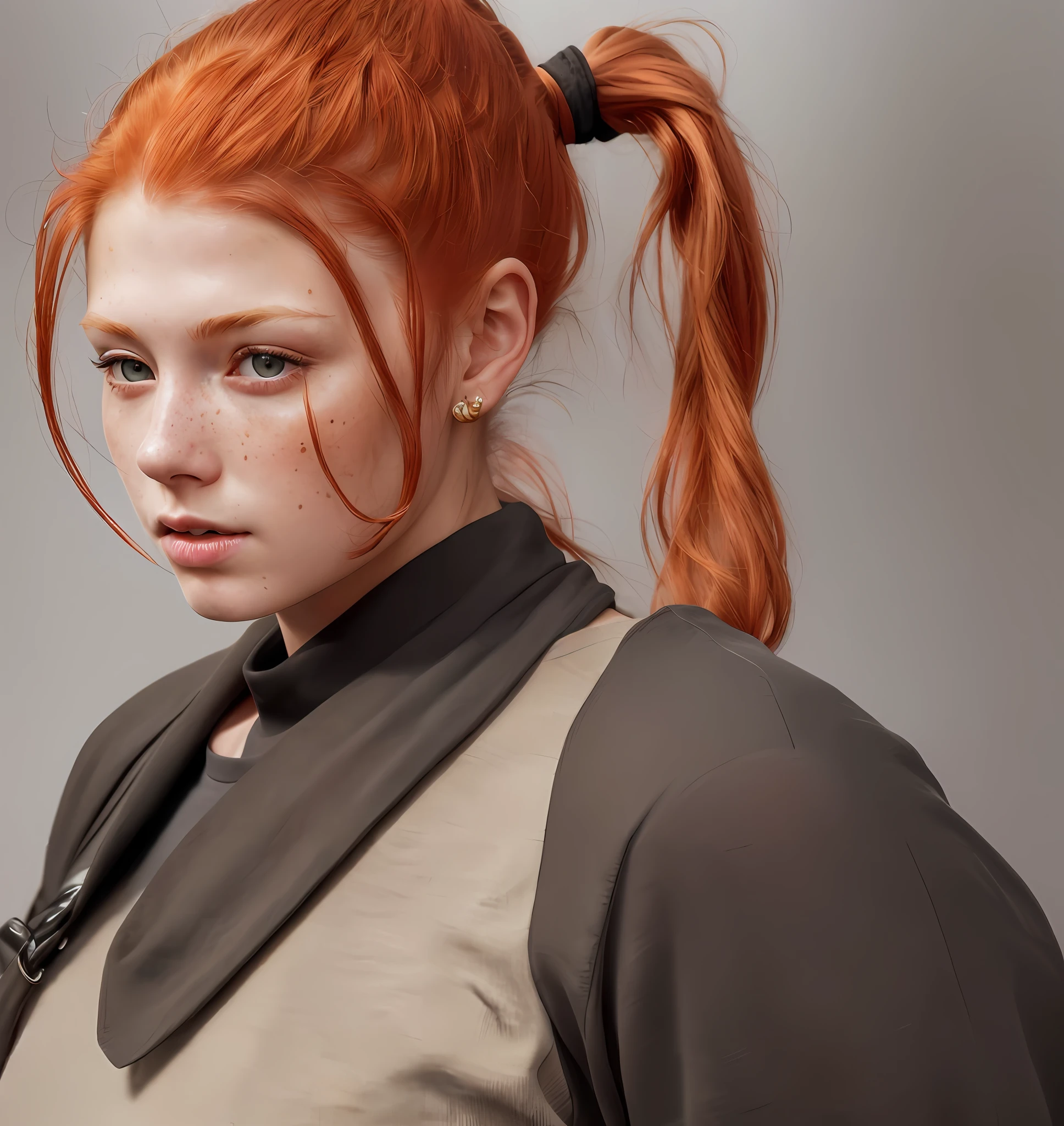 (8k, RAW photo, highest quality),(epic realistic:1.5), a girl, dynamic posture,erotic face,shirt,(detailed eyes:0.8),(looking at the camera:1.4), (highest quality), (best shadow),intricate details,cinematic,((skin:1.4)),interior, (long ponytail ginger hair:1.3),dark studio,(hdr:1.5),detailed, muted colors, freckles