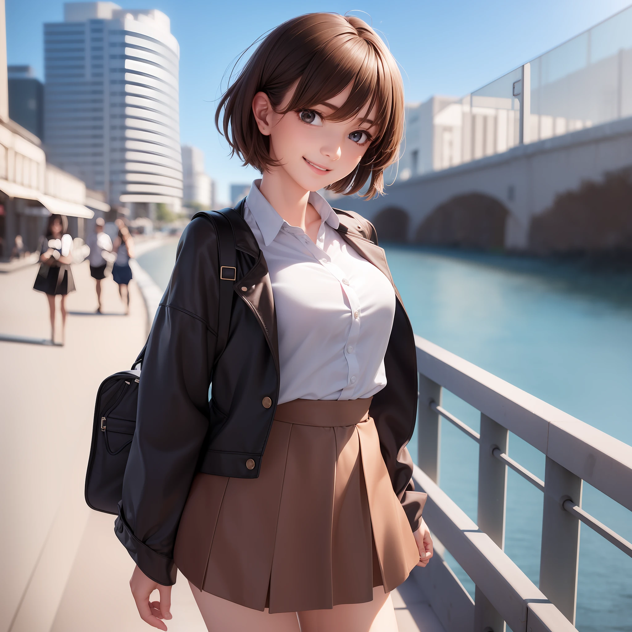 ((Realistic lighting, top quality, 8K, Masterpiece: 1.3)), Clear Focus: 1.2, 1 girl, front lens, Perfect figure beauty: 1.4, ((Dark brown hair, short hair)), (Shirt and short skirt: 1.4), Super slender face, Narrow eyes, Smile, Smile, Open mouth, Waterside, Light clothing --auto --s2