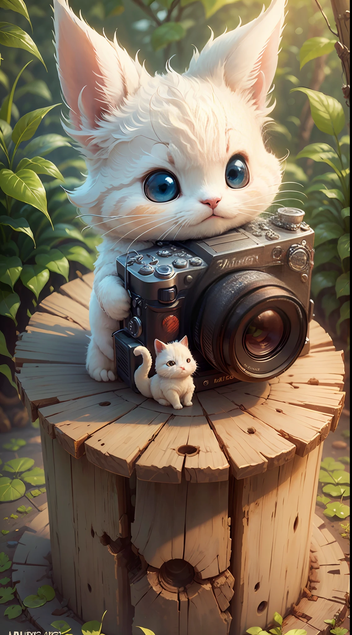 there is a small white cat sitting on a log with a camera, cute digital art, adorable digital painting, cute detailed digital art, cute 3 d render, cute cartoon character, cute anthropomorphic bunny, cute cartoon, cute detailed artwork, cute adorable, cute artwork, cute and lovely, cute photograph, cute animal, cute and adorable, cute character, cute creature --auto --s2