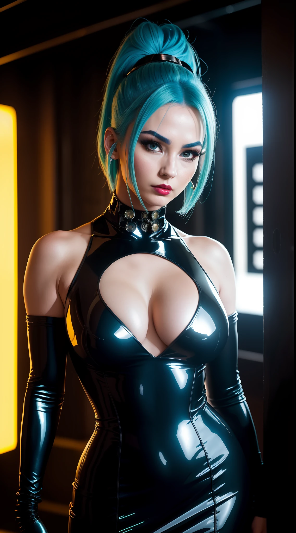 photo of a Bulma from Dragon Ball, playboy bunny outfit, black outfit, blue hair, lipstick, in Master Roshi Kame House island, day, dragon ball aesthetics, long hair, ((portrait)), ((detailed face:1.2)), ((detailed facial features)), (finely detailed skin), pale skin, (detailed high neckline cyberpunk cyberpunk steel dress), cyberpunk megacity environment, (cold colors), damp, damp, reflections, (masterpiece) (perfect aspect ratio)(realistic photo)(best quality) (detailed) shot on a Canon EOS R5, 50mm lens, F/2.8, HDR, (8k) (wallpaper) (cinematic lighting) (dramatic lighting) (sharp focus) (intricate)