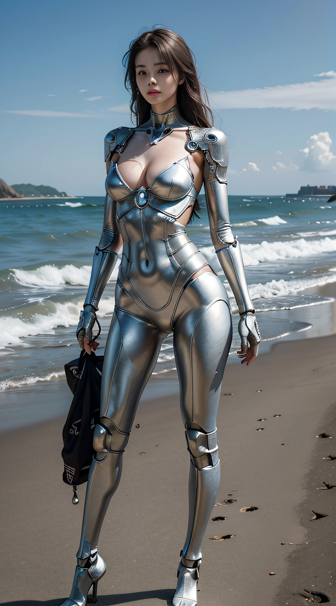 Best quality, delicate face, 25-year-old girl, slim body, body made of metal, large bust, metal structural skeleton, seaside, standing posture, beach, huge spaceship floating in the air, cyberpunk, sci-fi