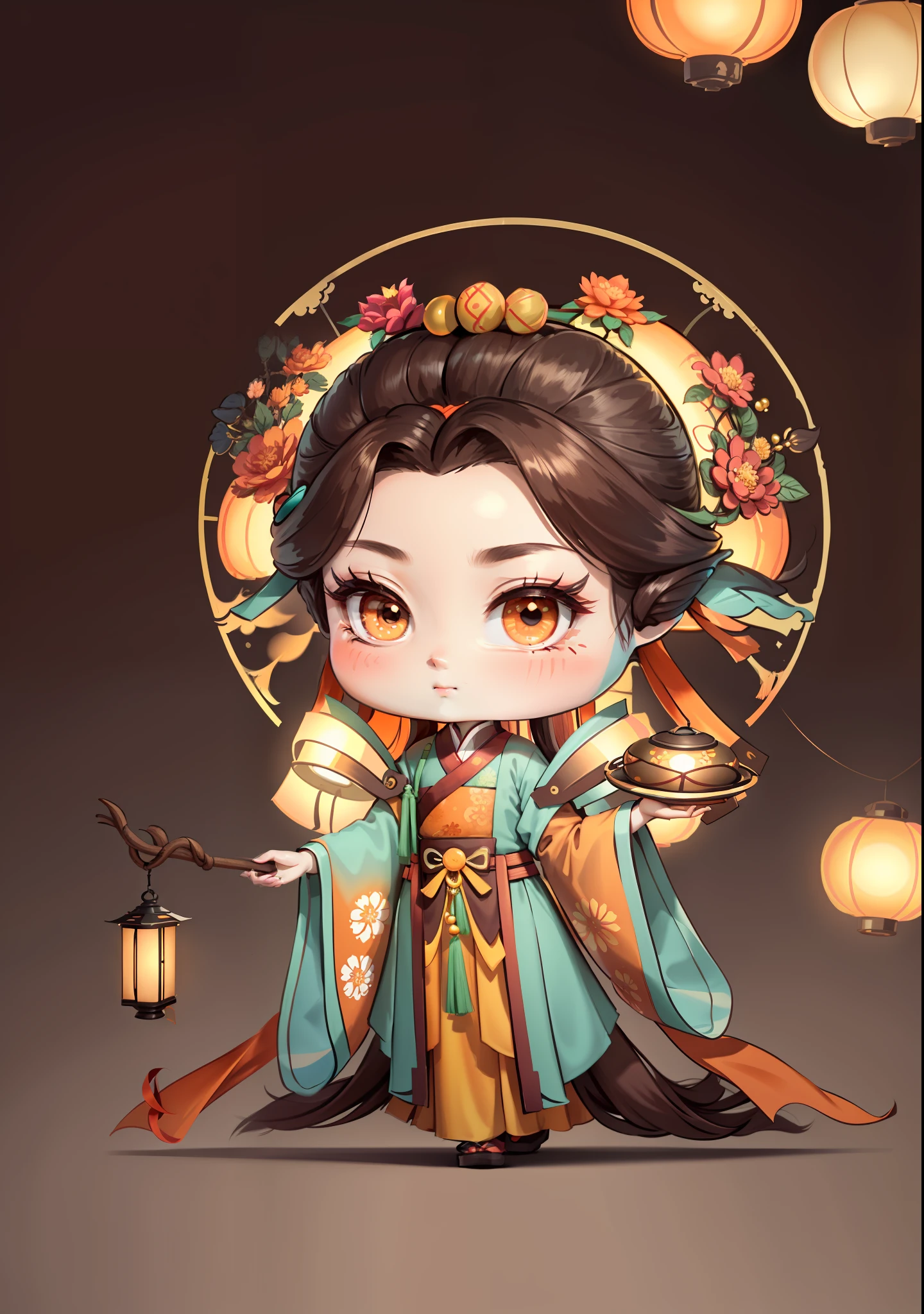 A Chinese girl in Hanfu, holding a lantern in one hand, dragging mooncakes with the other, autumn, Mid-Autumn Festival, mooncakes, dark brown hair, ancient Chinese hair bun, pattern, cyan-orange color matching, golden osmanthus hair ornaments on both sides, some metal flower headdresses, bright color blocks, bright colors, line art, infinite details, fine painting, exquisite portrayal, blank background 8k,