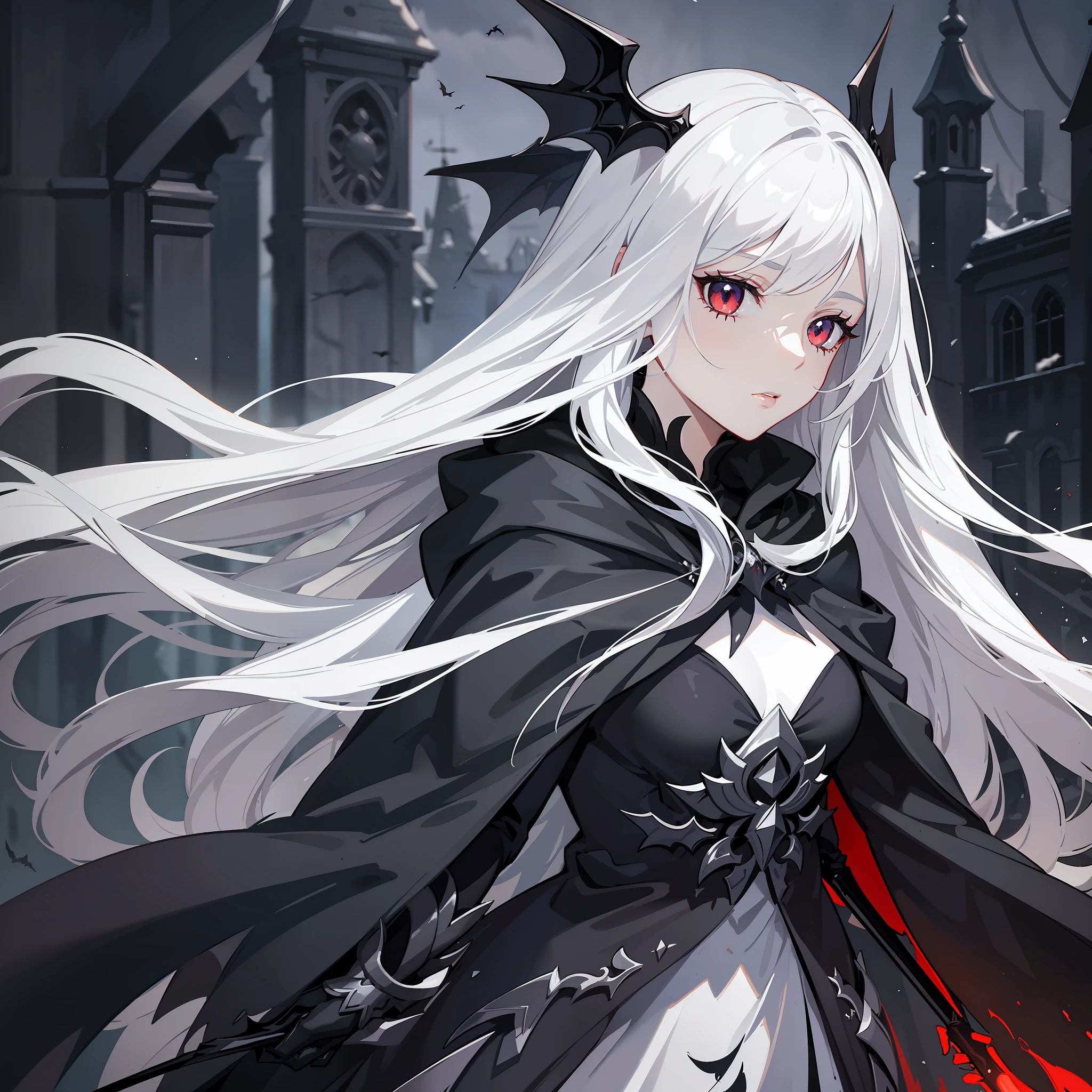 Two-dimensional female, one, silver-white long hair, black cape, holding a staff, surrounded by blood-colored bats, noble and elegant. The cold and silent night came out of the grayness. Use particle effects to present fantastical masterpieces of art. Best quality, most realistic rendering.