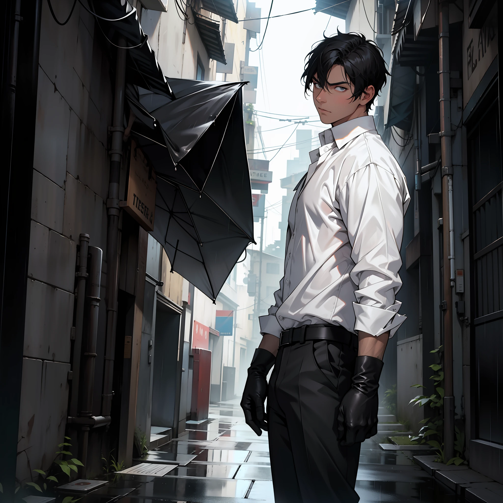 A boy, black hair and half white, short hair, white shirt, black pants, black gloves, straight face, dark, alley, dark, rain