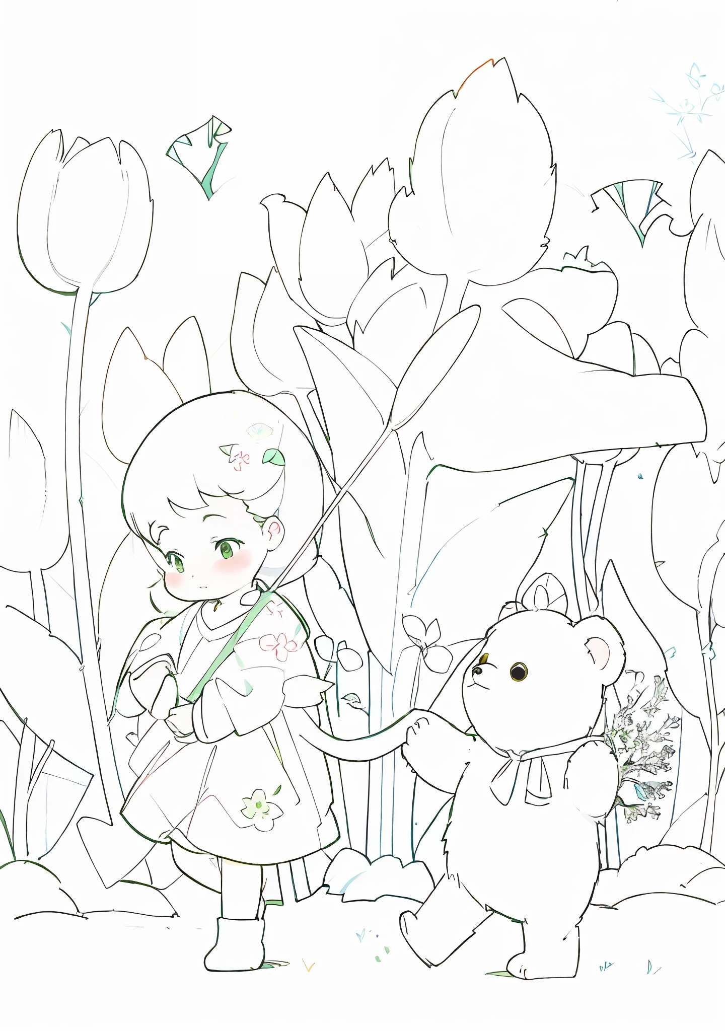 (clean and meticulous coloring, ren's book painting style) Littlbrown bear walk through the blooming garden, colorful, green, sometimes green, sometimes flower, dynamic scenery, rich colors, all colored!!。