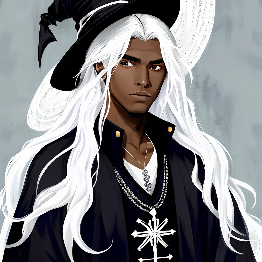 young witch man with black skin and long white hair