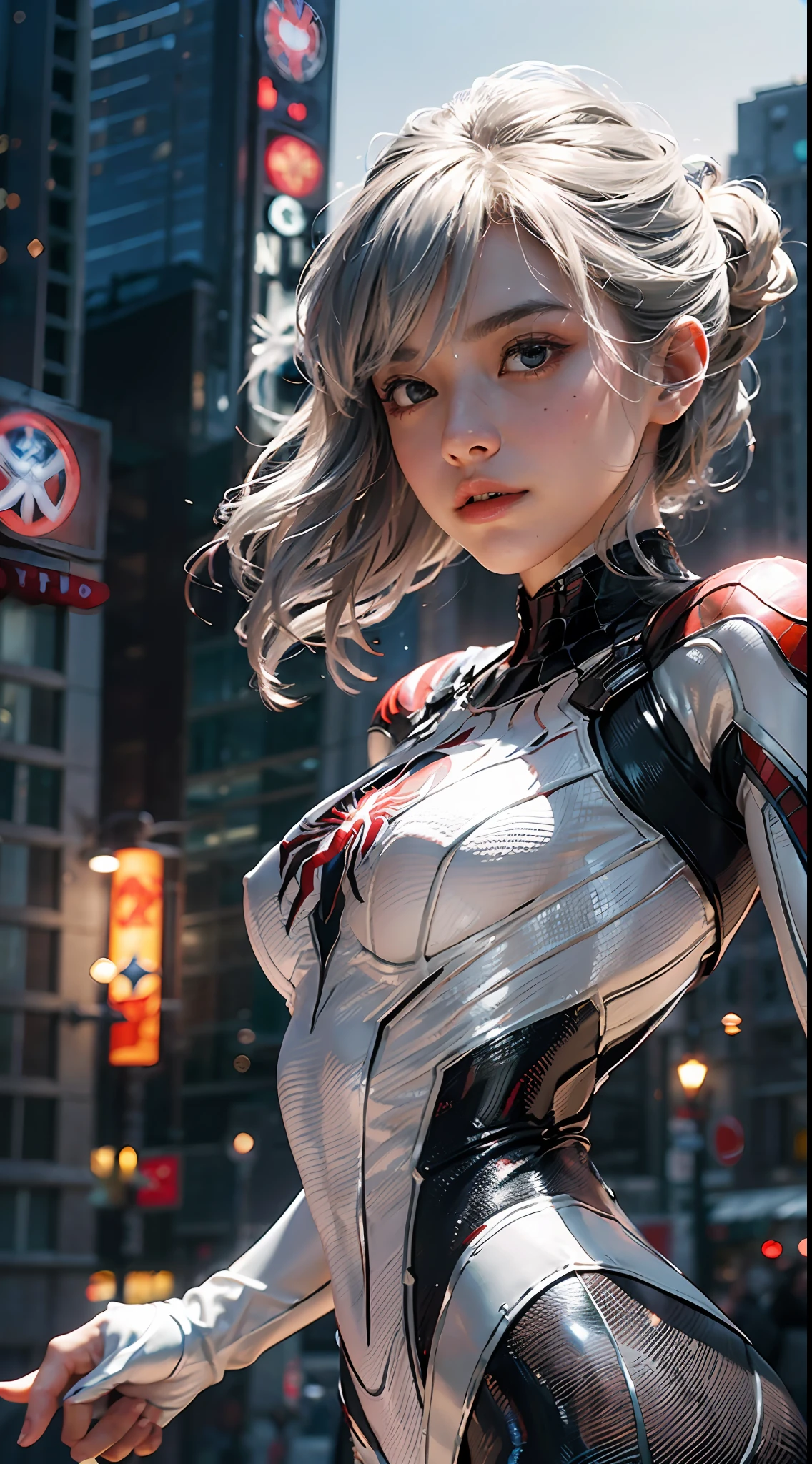 (Extreme Detail CG Unity 8K wallpaper, masterpiece, highest quality), (exquisite lighting and shadow, highly dramatic picture, cinematic lens effect), a girl in a white Spider-Man costume, silver gray hair color, from the Spider-Man parallel universe, Wenger, Marvel, Spider-Man, on the roof, dynamic pose), (excellent detail, outstanding lighting, wide angle), (excellent rendering, enough to stand out in its class), focus on white Spider-Man costume, red complex spider texture,