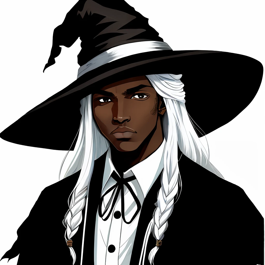 young witch man with black skin and long white hair