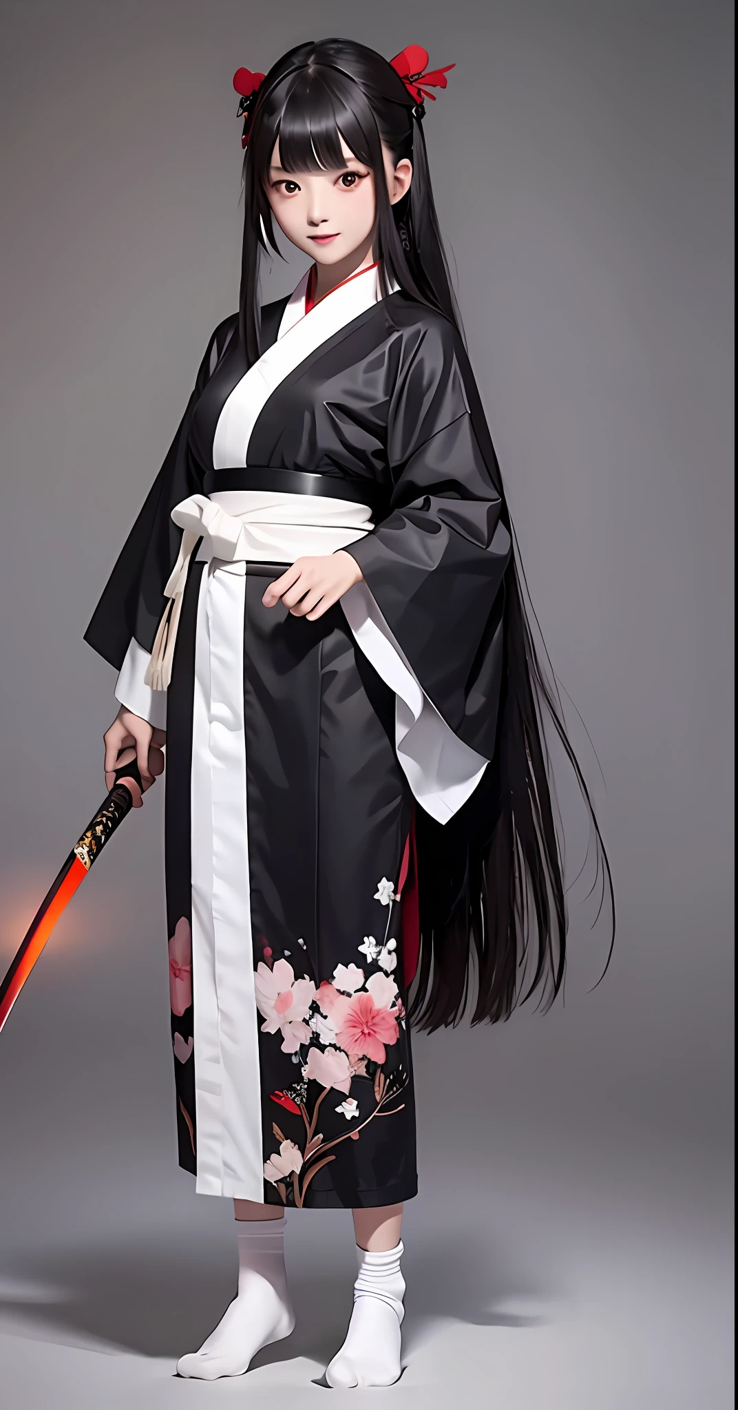 best quality,ultra high res,1girl,solo,full body,white background,standing,
black hair,red eyes,hime cut,blunt bangs,(smile:0.1),geta,(white socks:1.1),katana,long hair,(straight hair:1.2),(mature female:0.5),tall female,black kimono,expressionless,