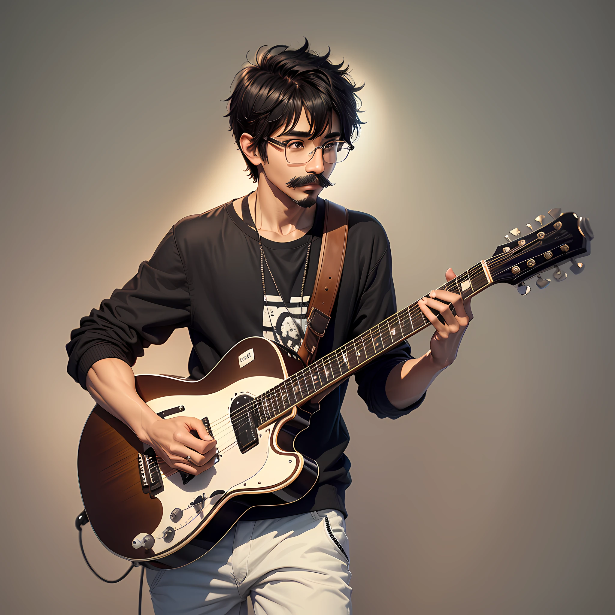 a young man, thin, brown skin, eyeglasses, black hair with white locks, short hair, mustache, playing guitar --auto --s2