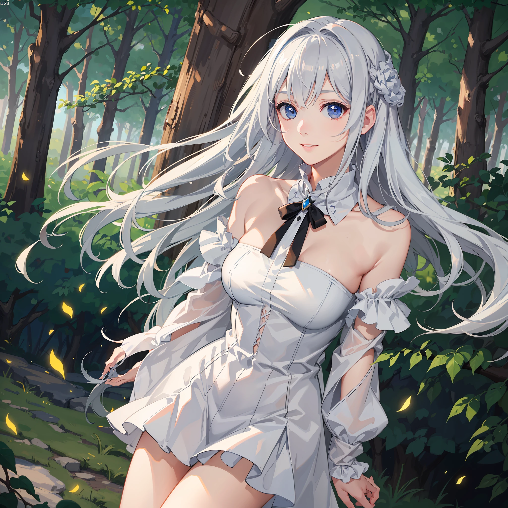 (8K, Best Quality, Masterpiece: 1.2), (Realistic, Realistic: 1.37), Ultra Detailed, Best Quality, Ultra High Resolution, Professional Lighting, Photon Mapping, Teleportion, Physically Based Rendering, Film Lighting, Meadow, Forest at Dusk, Depth of Field, Clear Focus, Sunlight, Good Composition, (Bokeh: 1.2) 1girl, Solo, (Full Body), Beautiful Detailed Gray Eyes, Smiley Face, Pose, Narrow Waist, Medium Breasts, ((Pure White Clothes)), Light Blue Hair, Messy hair, long hair fluttering in the wind, (ulzzang-6500:1.2)